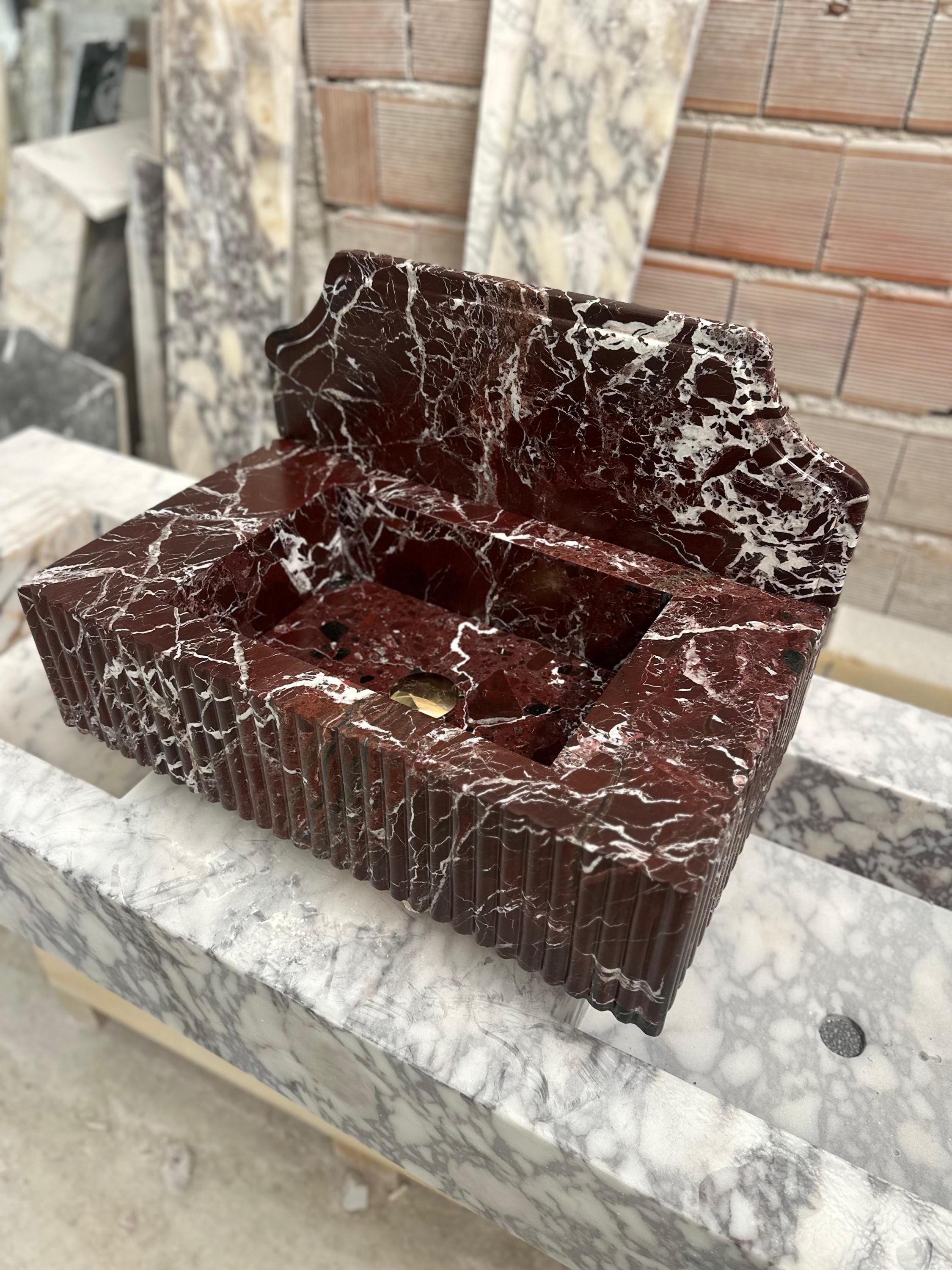 Rosso Levanto Marble Wall Mounted Sink: Powder Room Vanity, 16x24x6
