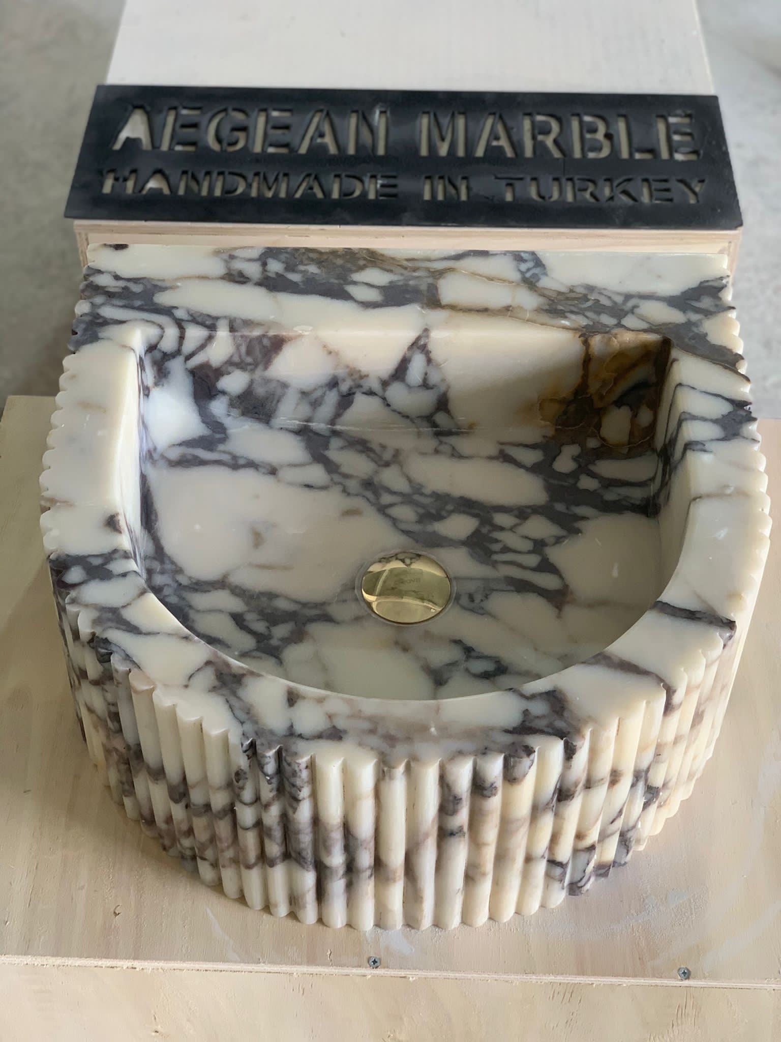Hand Carved Calacatta Viola Marble Oval Sink: Fluted Powder Room Sink
