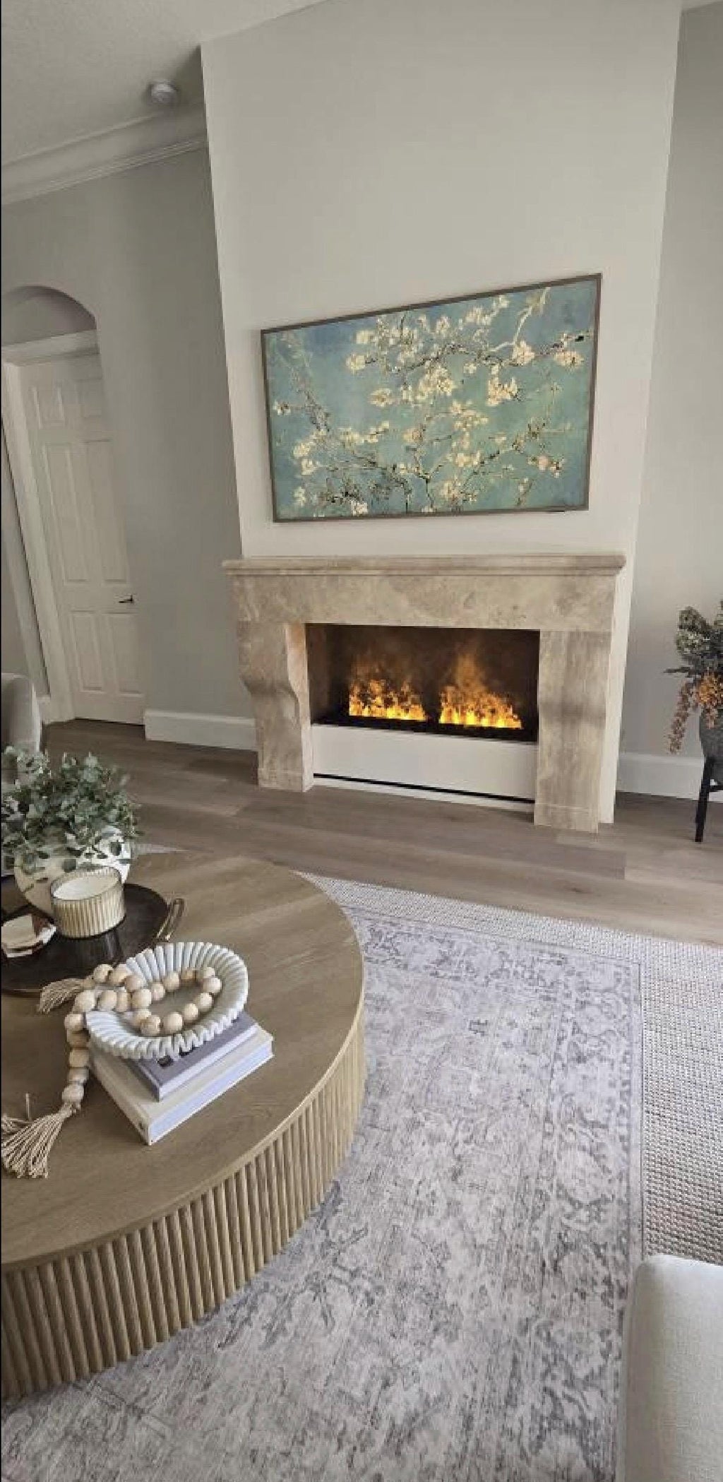 Handmade Travertine Fireplace Mantel: Custom Carved Marble Surround