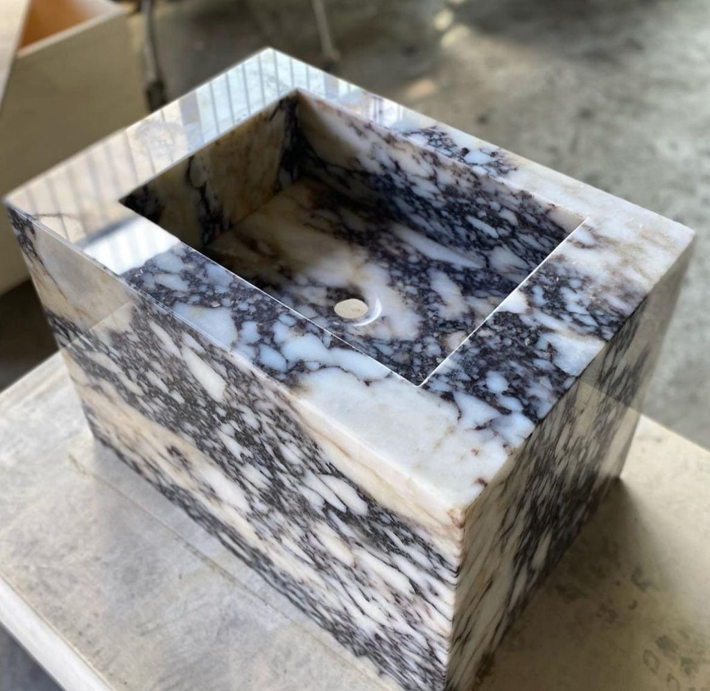 Hand Carved Calacatta Viola Marble Sink: Powder Room Washbasin (19”x30”x10”)