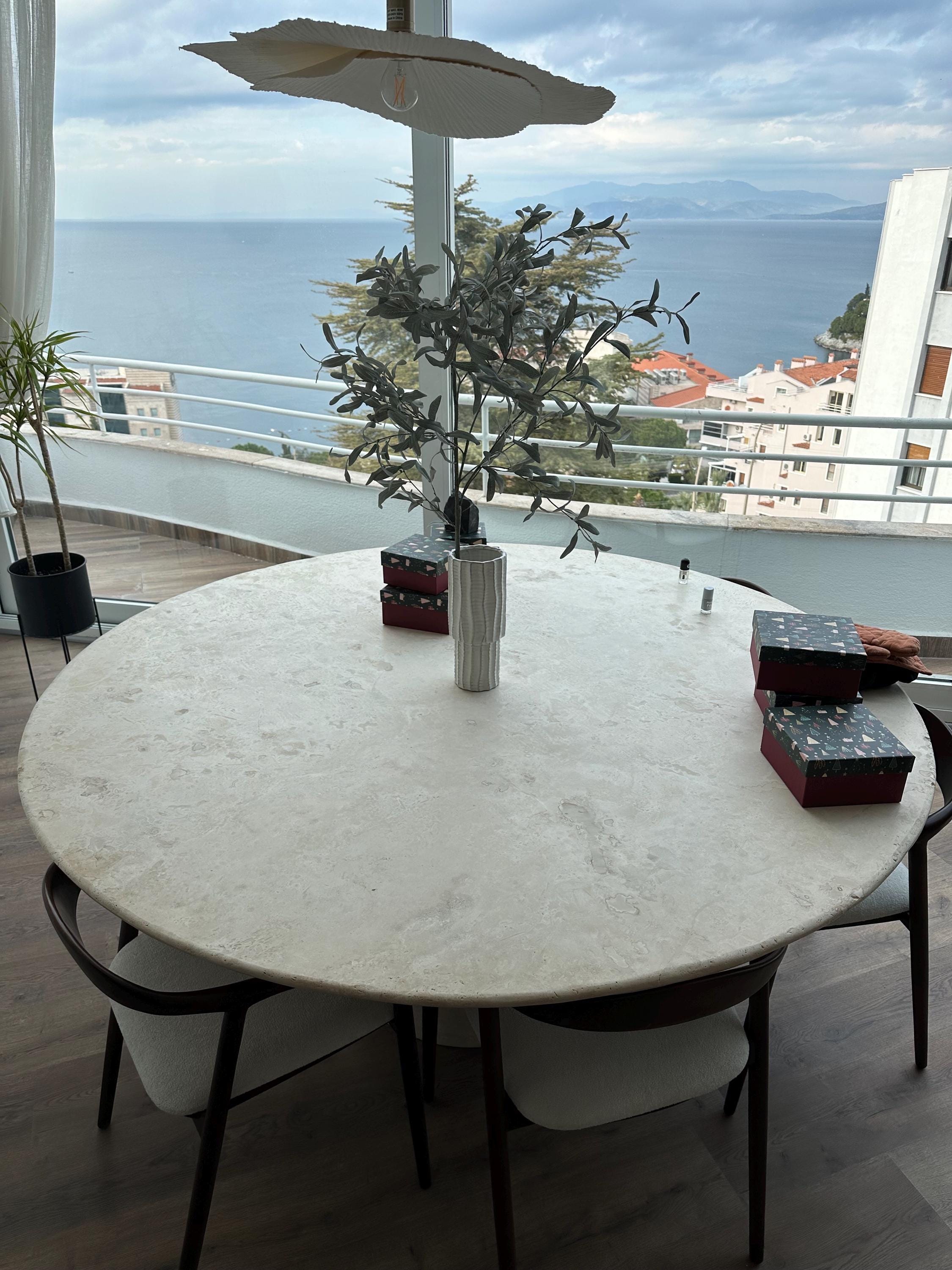 Travertine Marble Dining Table: Vein Cut with Hexagonal Base