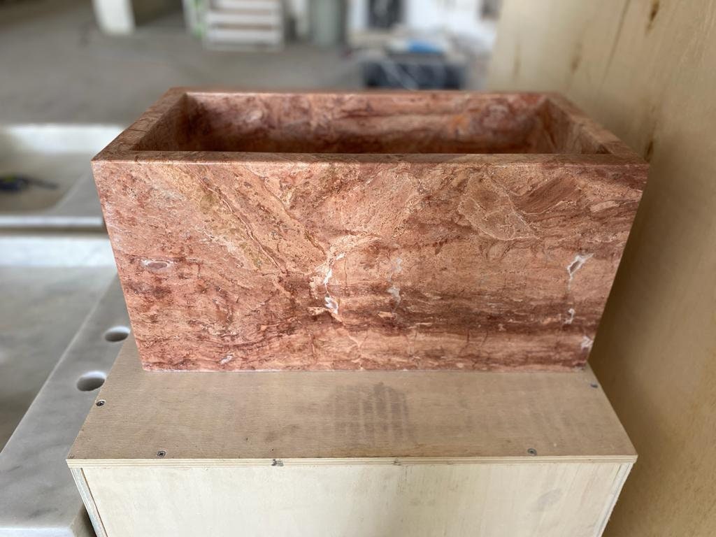 Handcarved Red Travertine Farmhouse Sink: Wall Mounted Vanity
