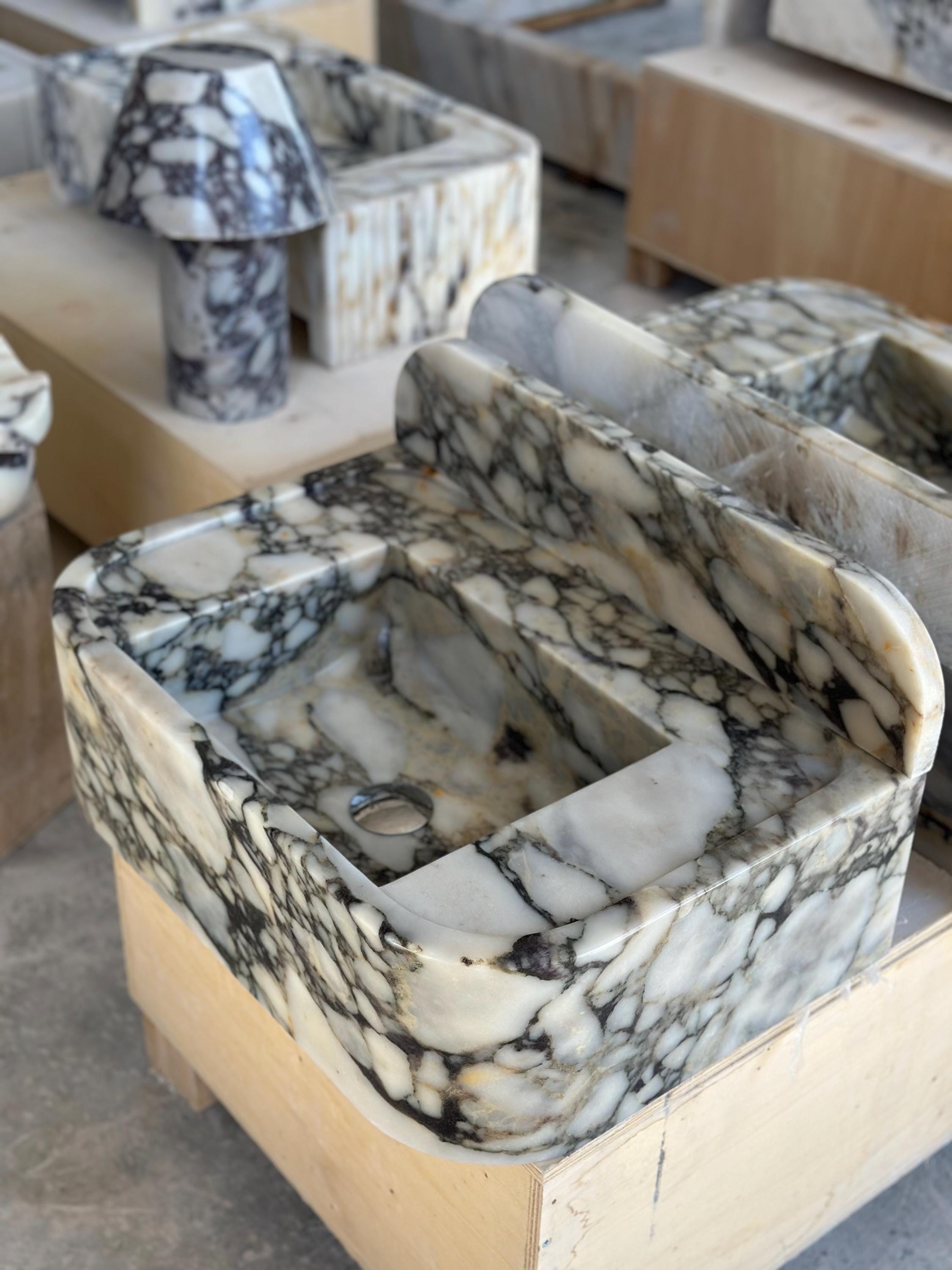 Handmade Calacatta Monet Marble Sink – Classic Carved Bathroom Basin – Customizable Natural Stone Vanity Vessel