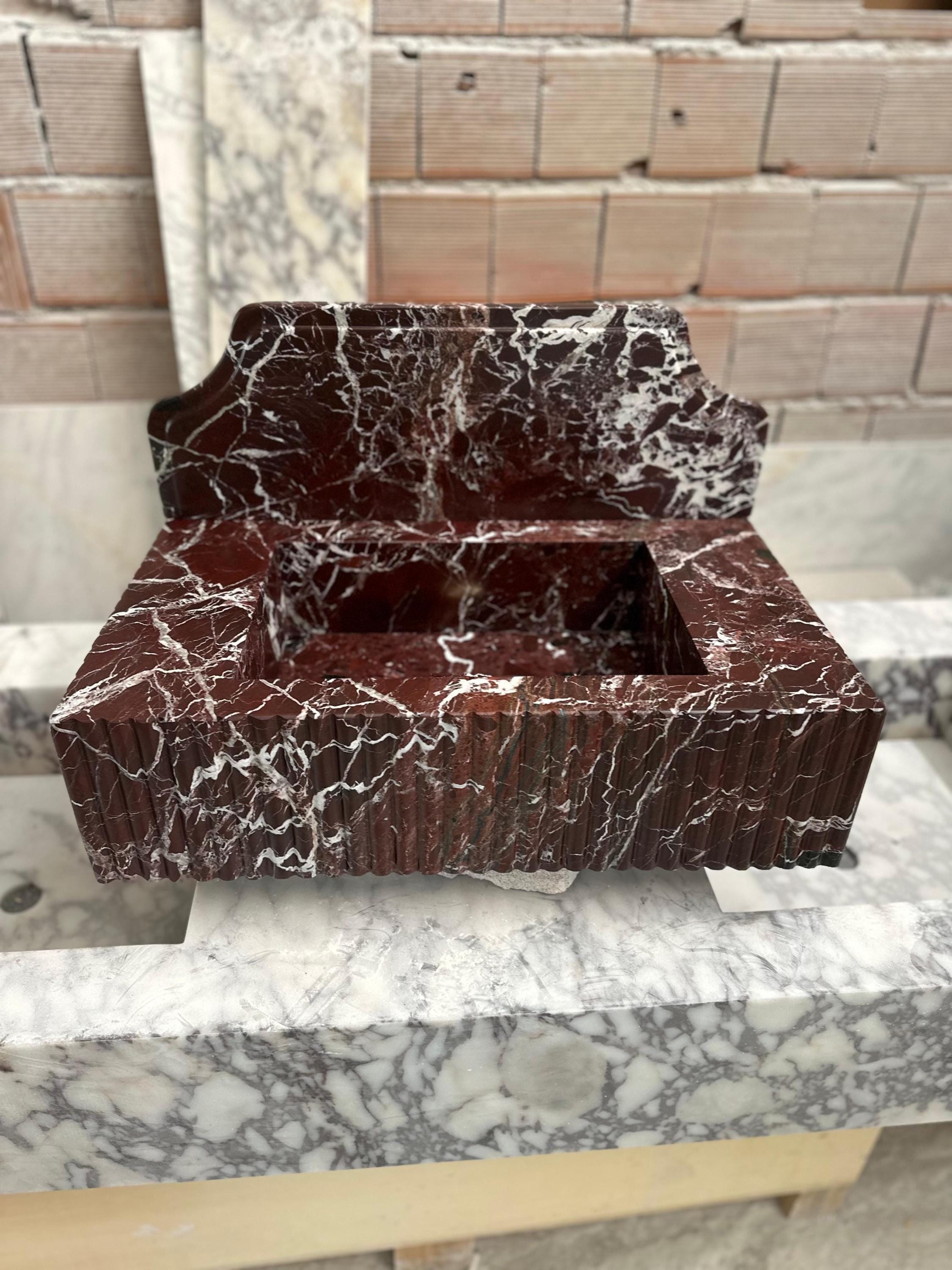 Rosso Levanto Marble Wall Mounted Sink: Powder Room Vanity, 16x24x6