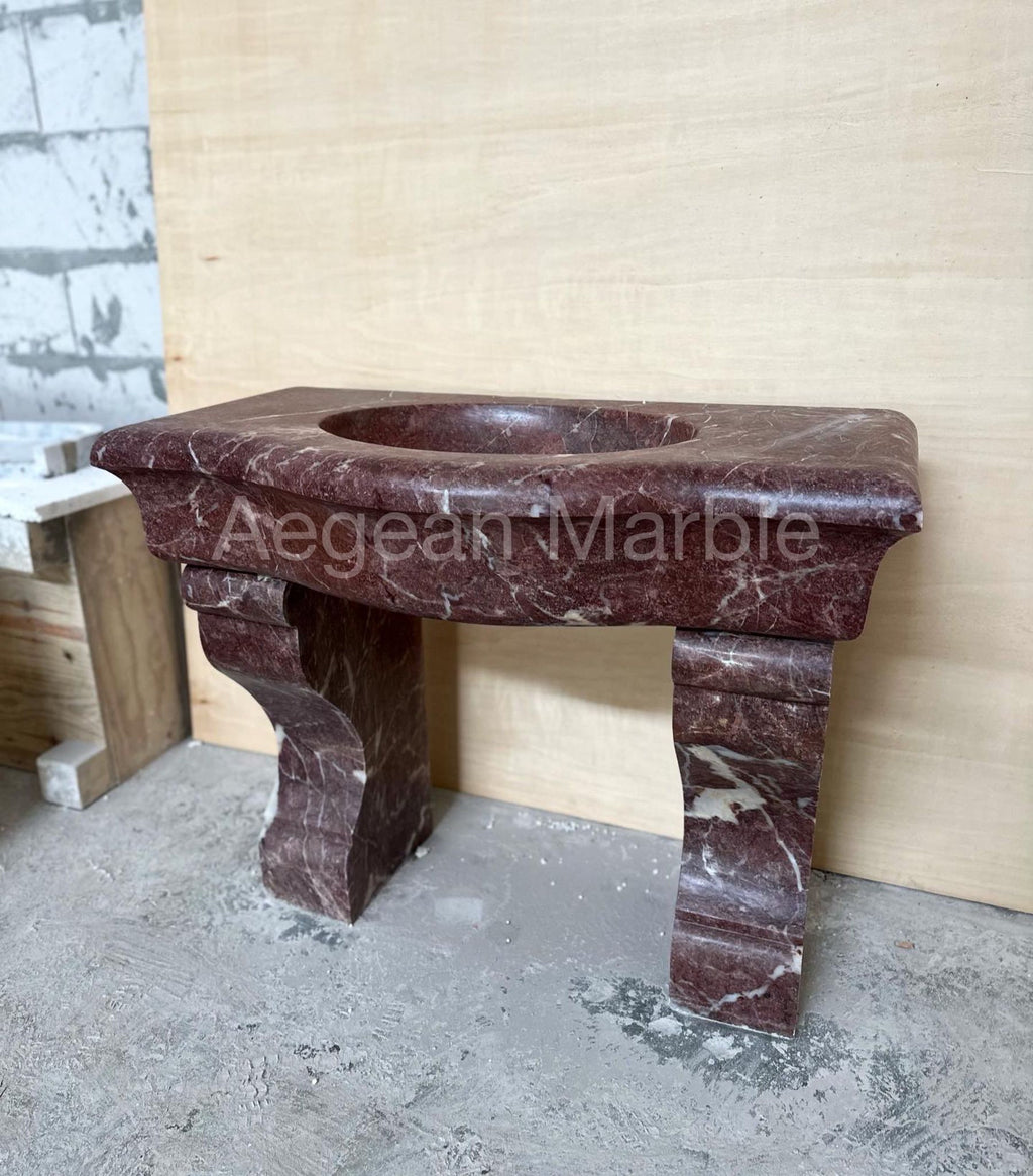 Hand Carved Rosso Levanto Marble Pedestal Sink - Farmhouse Powder Room