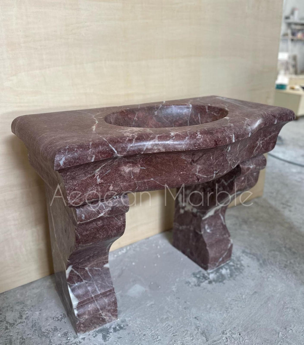 Hand Carved Rosso Levanto Marble Pedestal Sink - Farmhouse Powder Room