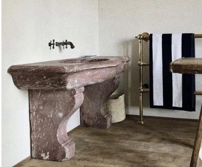 Hand Carved Rosso Levanto Marble Pedestal Sink - Farmhouse Powder Room