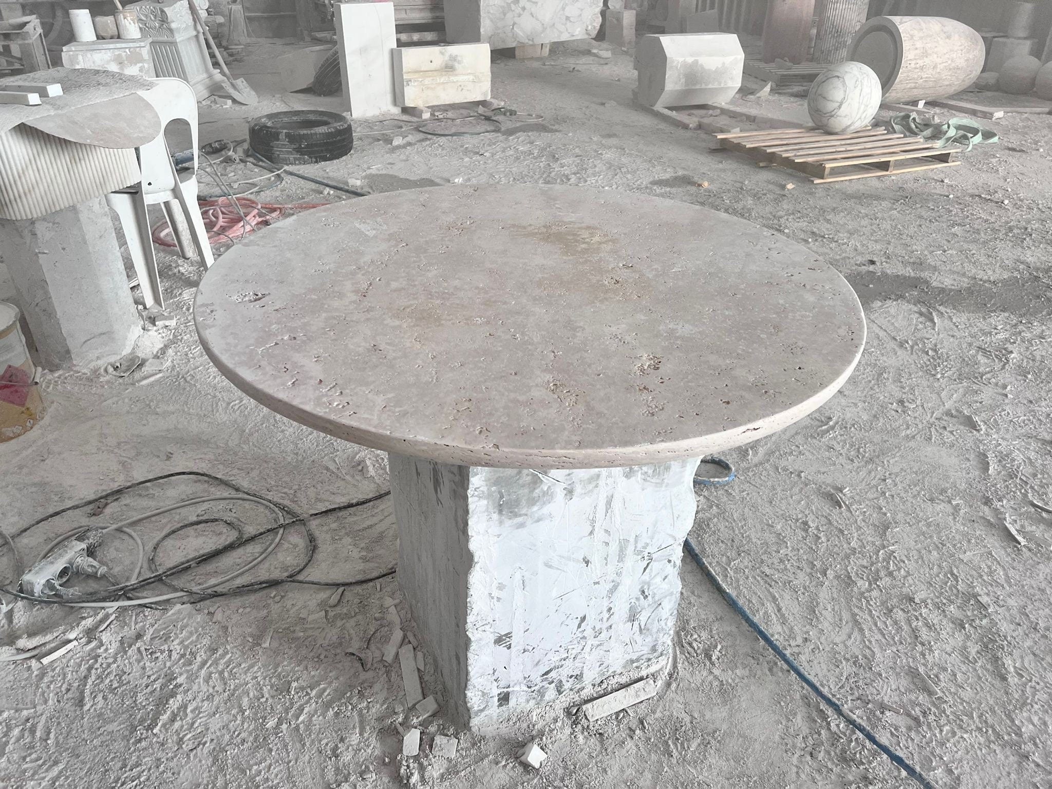 Round Travertine Coffee Table with Sphere Base