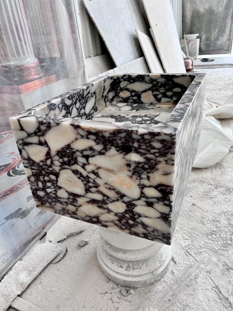 Hand Carved Calacatta Viola Marble Sink: Powder Room Washbasin (19”x30”x10”)