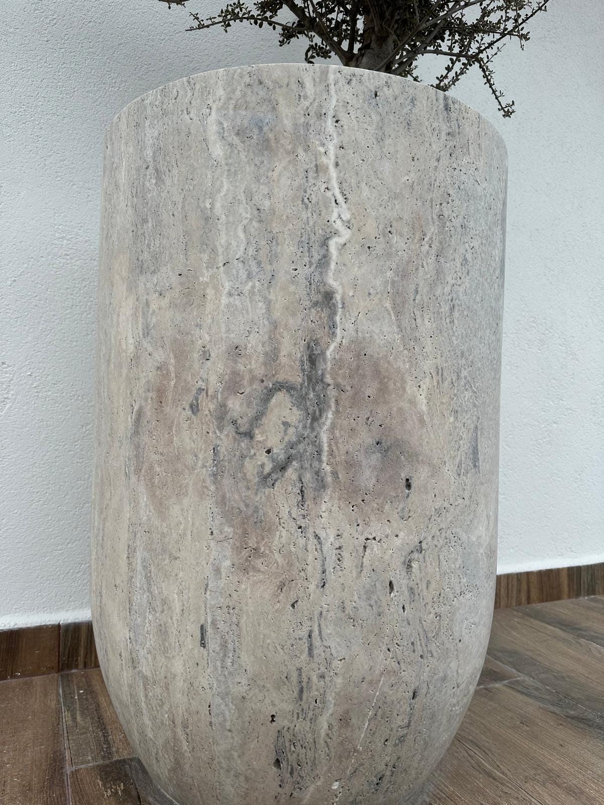 Handmade Silver Travertine Marble Planter: XLarge Cylinder Vase - Luxury Garden Decor