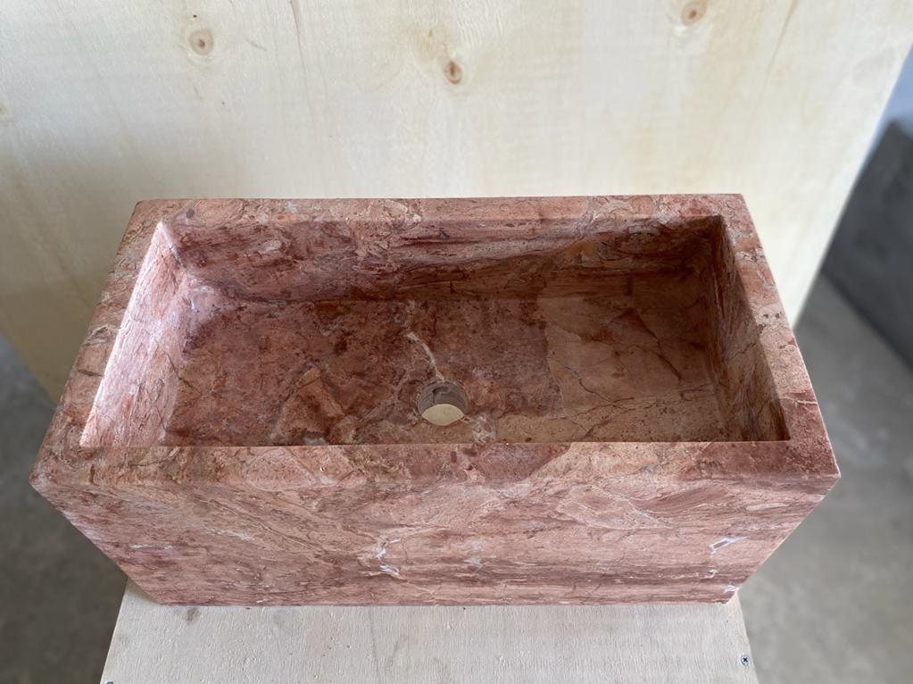 Handcarved Red Travertine Farmhouse Sink: Wall Mounted Vanity