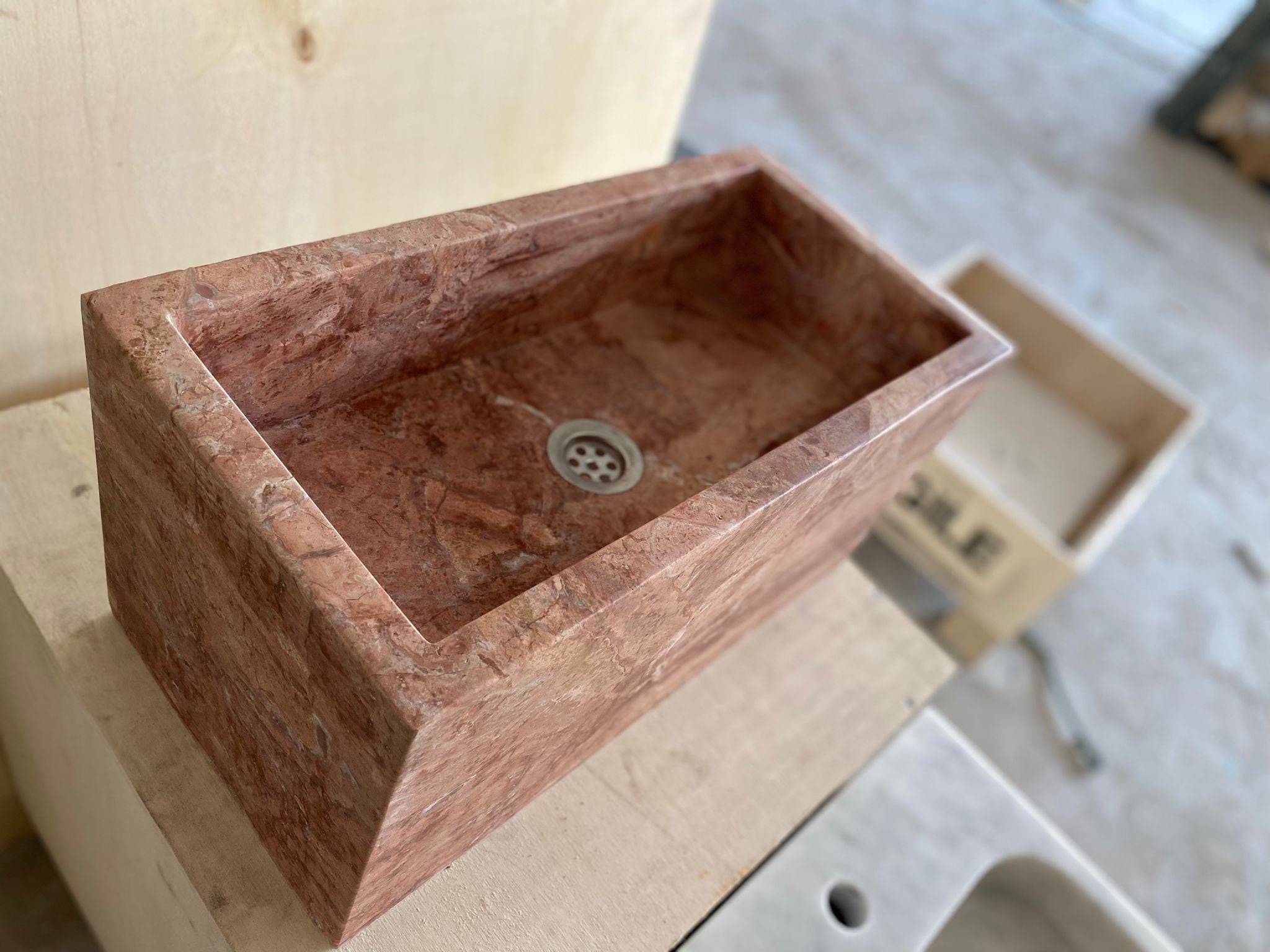 Handcarved Red Travertine Farmhouse Sink: Wall Mounted Vanity