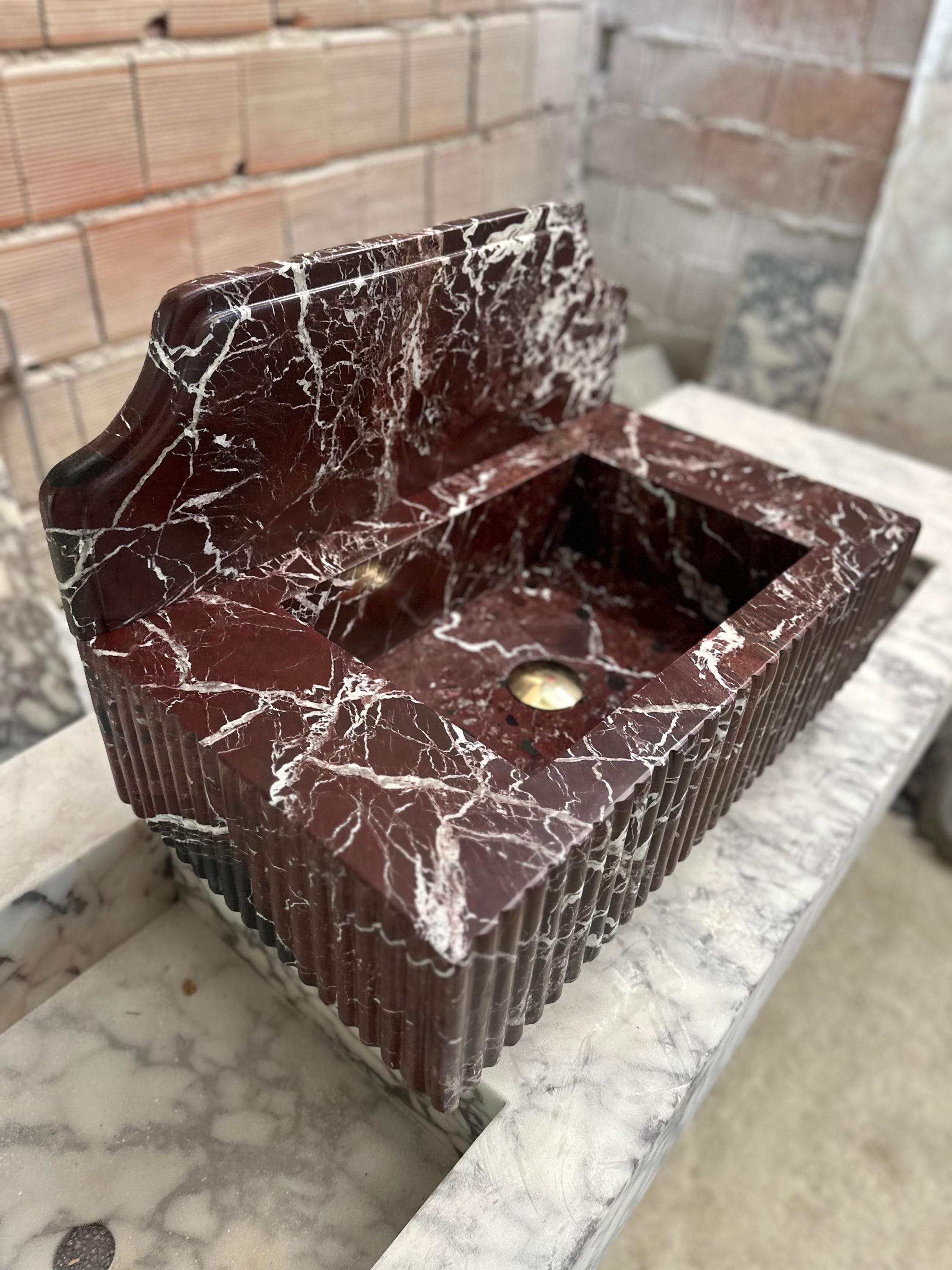 Rosso Levanto Marble Wall Mounted Sink: Powder Room Vanity, 16x24x6
