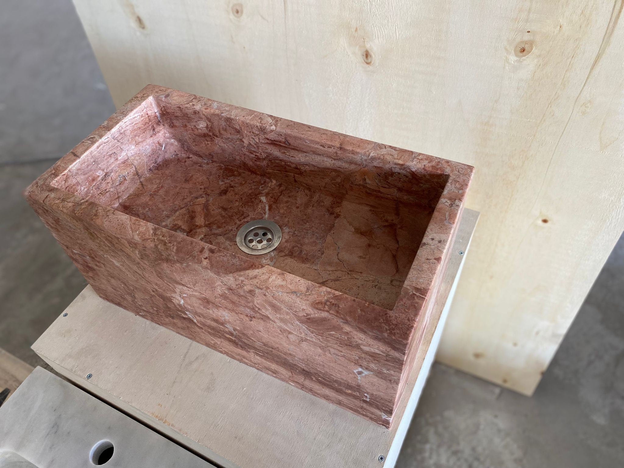 Handcarved Red Travertine Farmhouse Sink: Wall Mounted Vanity