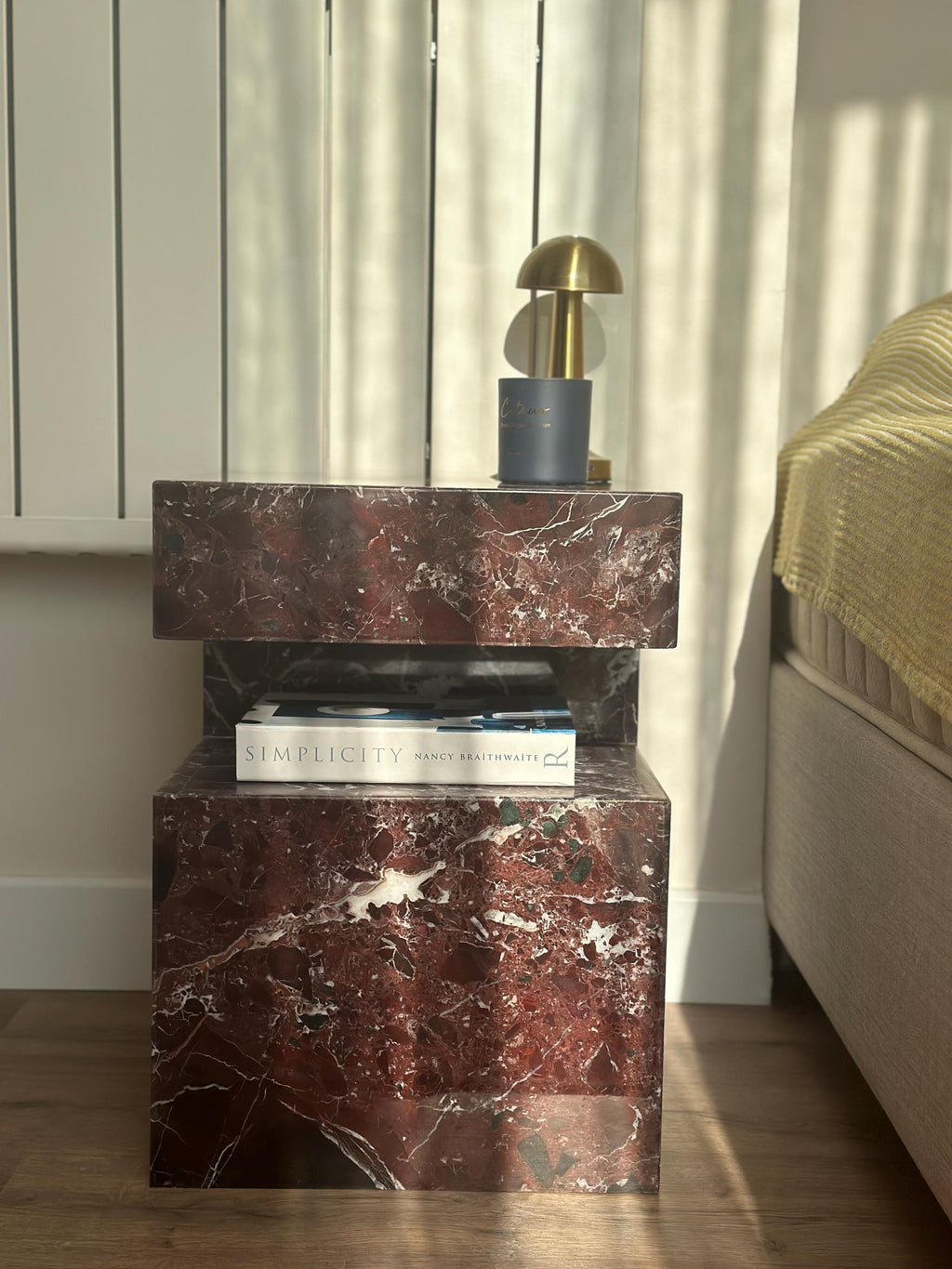 Rosso Levanto Marble Nightstand: Handmade Natural Stone Side Table