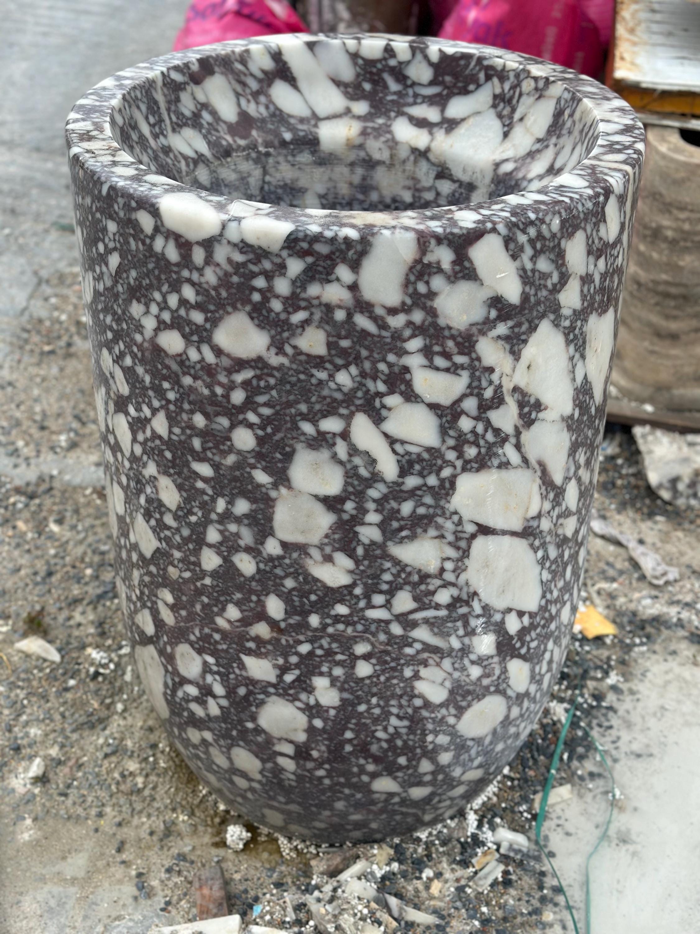 Handmade Silver Travertine Marble Planter: XLarge Cylinder Vase - Luxury Garden Decor