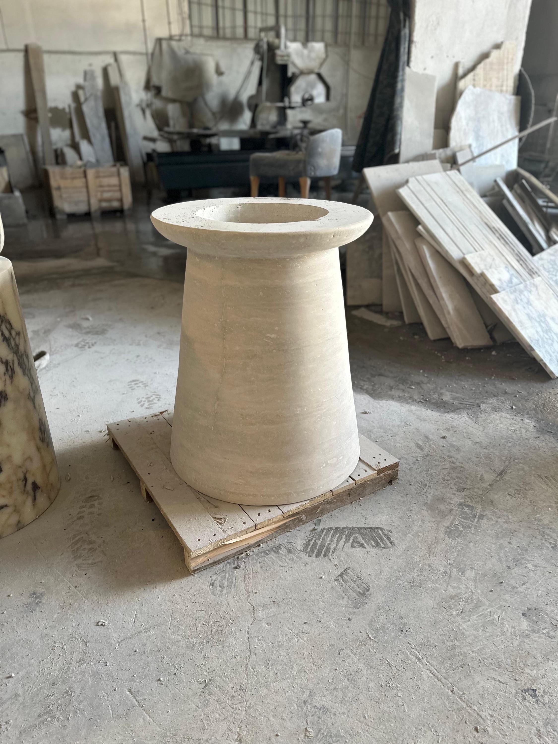 Travertine Marble Dining Table: Vein Cut with Hexagonal Base