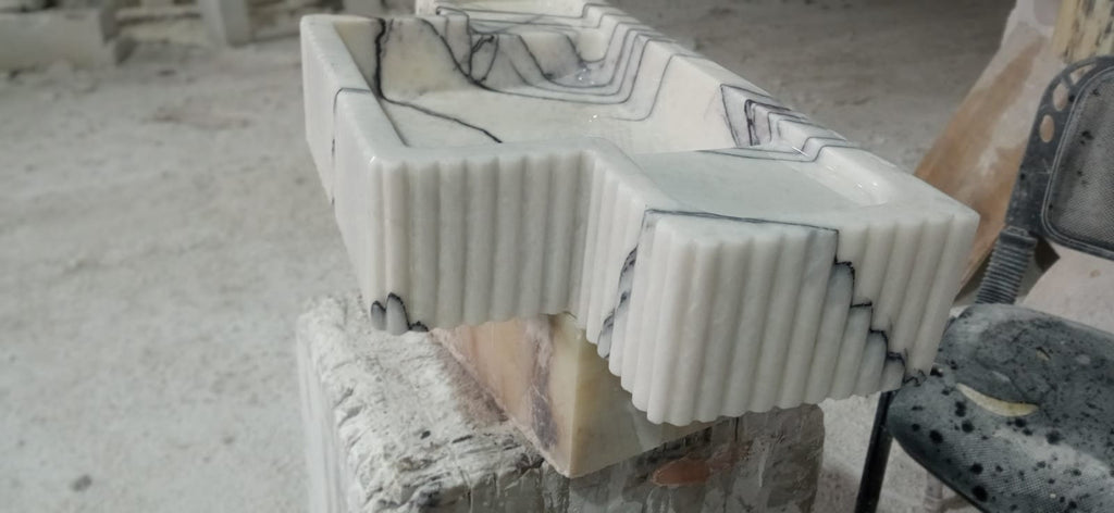 Hand Carved Lilac Marble Sink: Fluted Apron, Custom Order