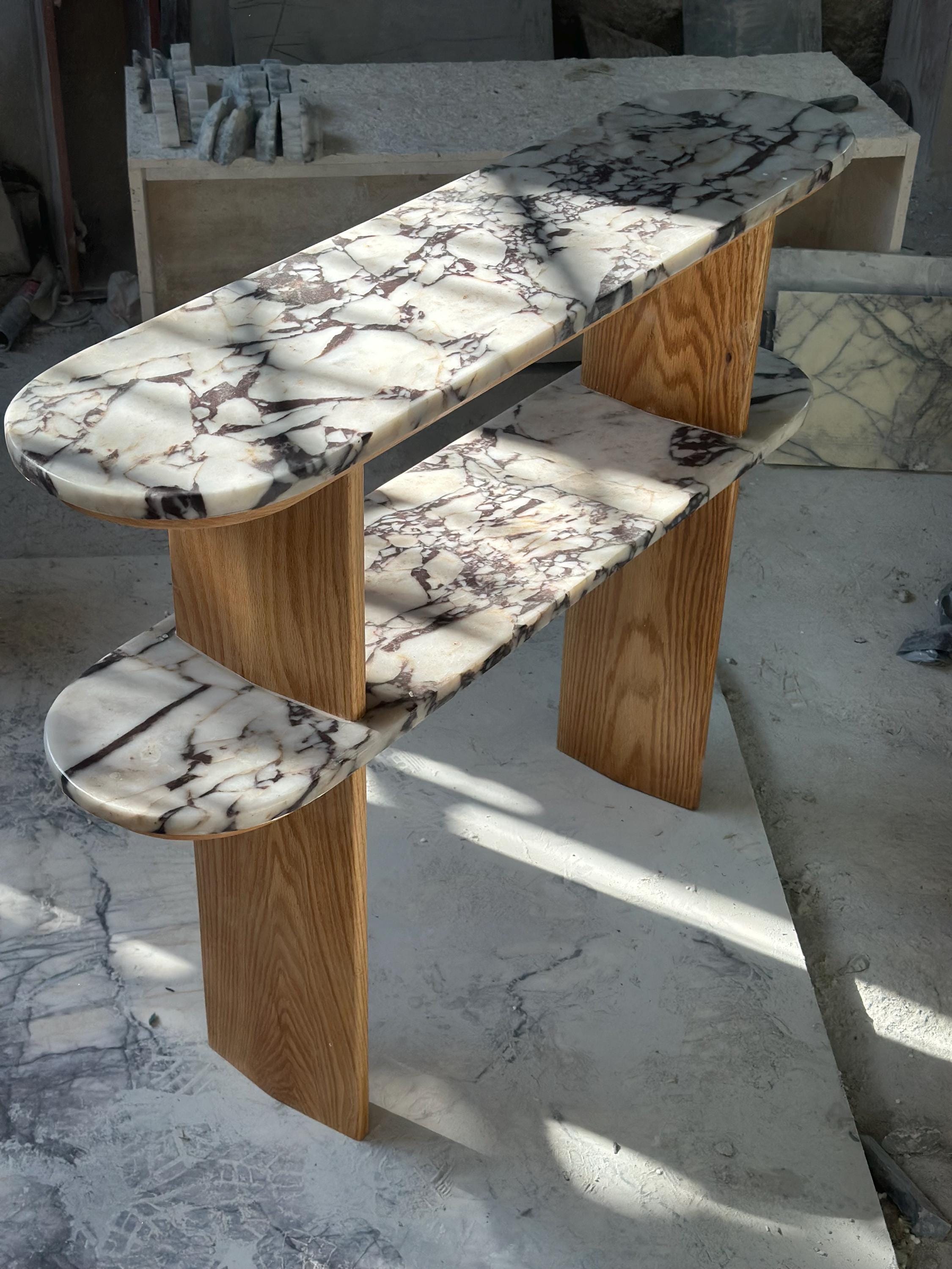 Handmade Calacatta Viola Marble & Oak Console Table - Modern Entryway Accent Shelf