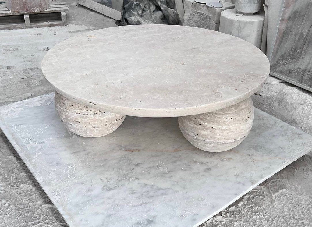 Round Travertine Coffee Table with Sphere Base