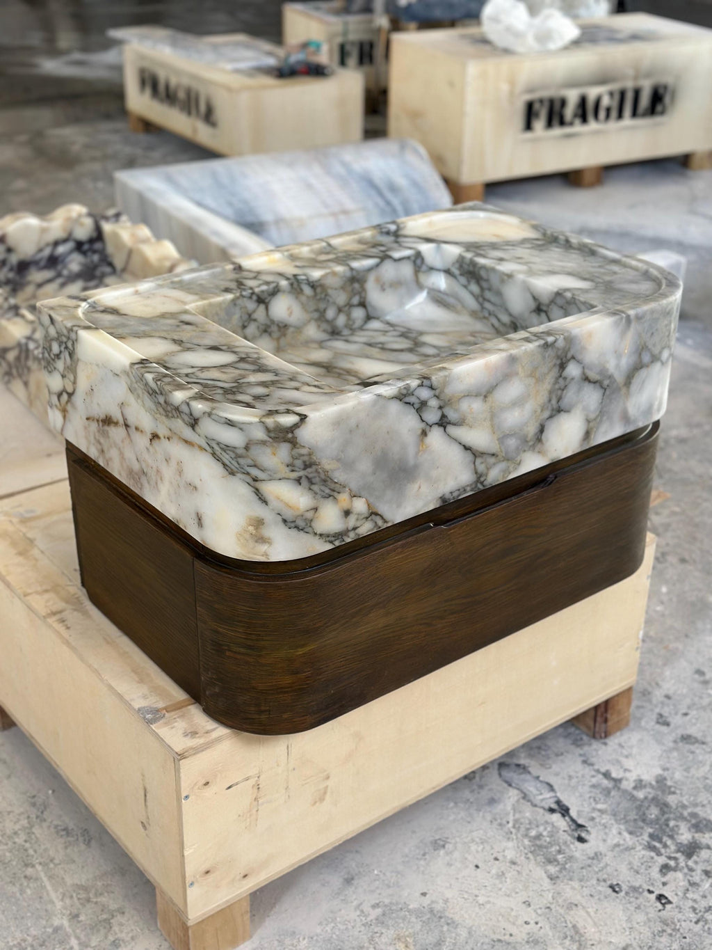 Handmade Calacatta Monet Marble Sink – Classic Carved Bathroom Basin – Customizable Natural Stone Vanity Vessel