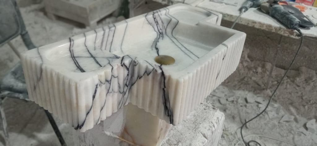 Hand Carved Lilac Marble Sink: Fluted Apron, Custom Order
