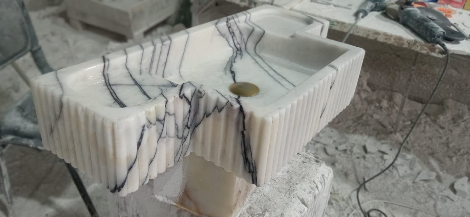 Hand Carved Lilac Marble Sink: Fluted Apron, Custom Order