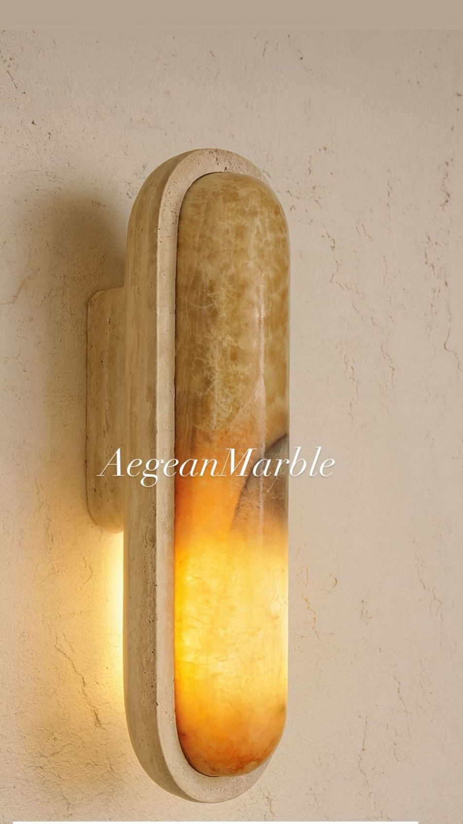 Handcarved Natural Stones,  Travertine with Onix Sconce, Modern Minimalist Design.