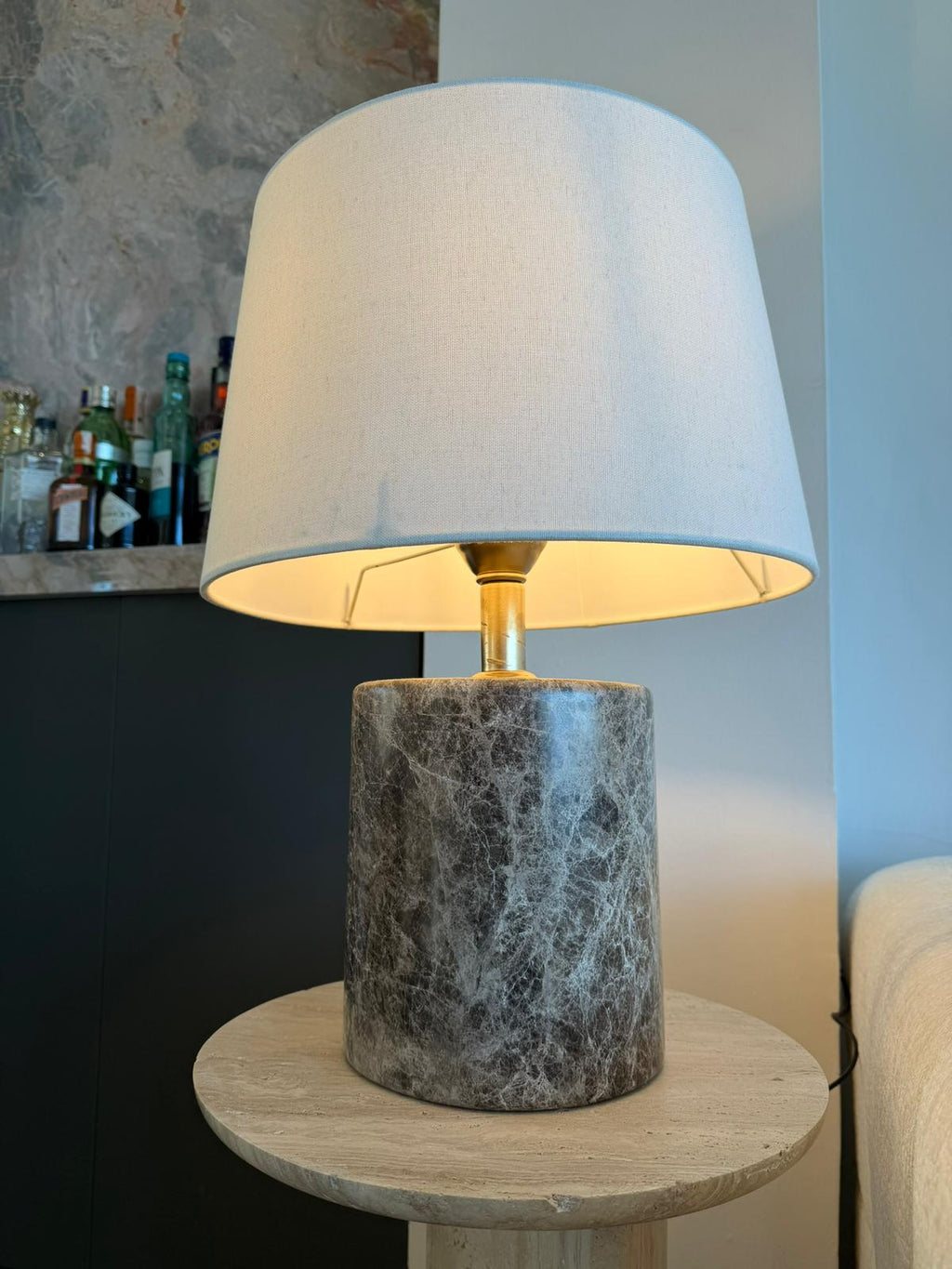 Handcrafted Dark Emperador marble cylinder table lamp
