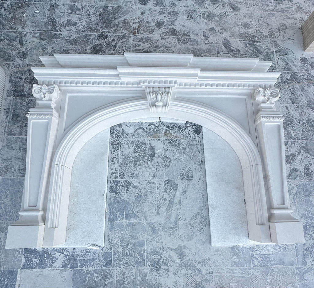Handmade Limestone Fireplace Surround – French Style Carved Mantel – Customizable Natural Stone Architectural Piece