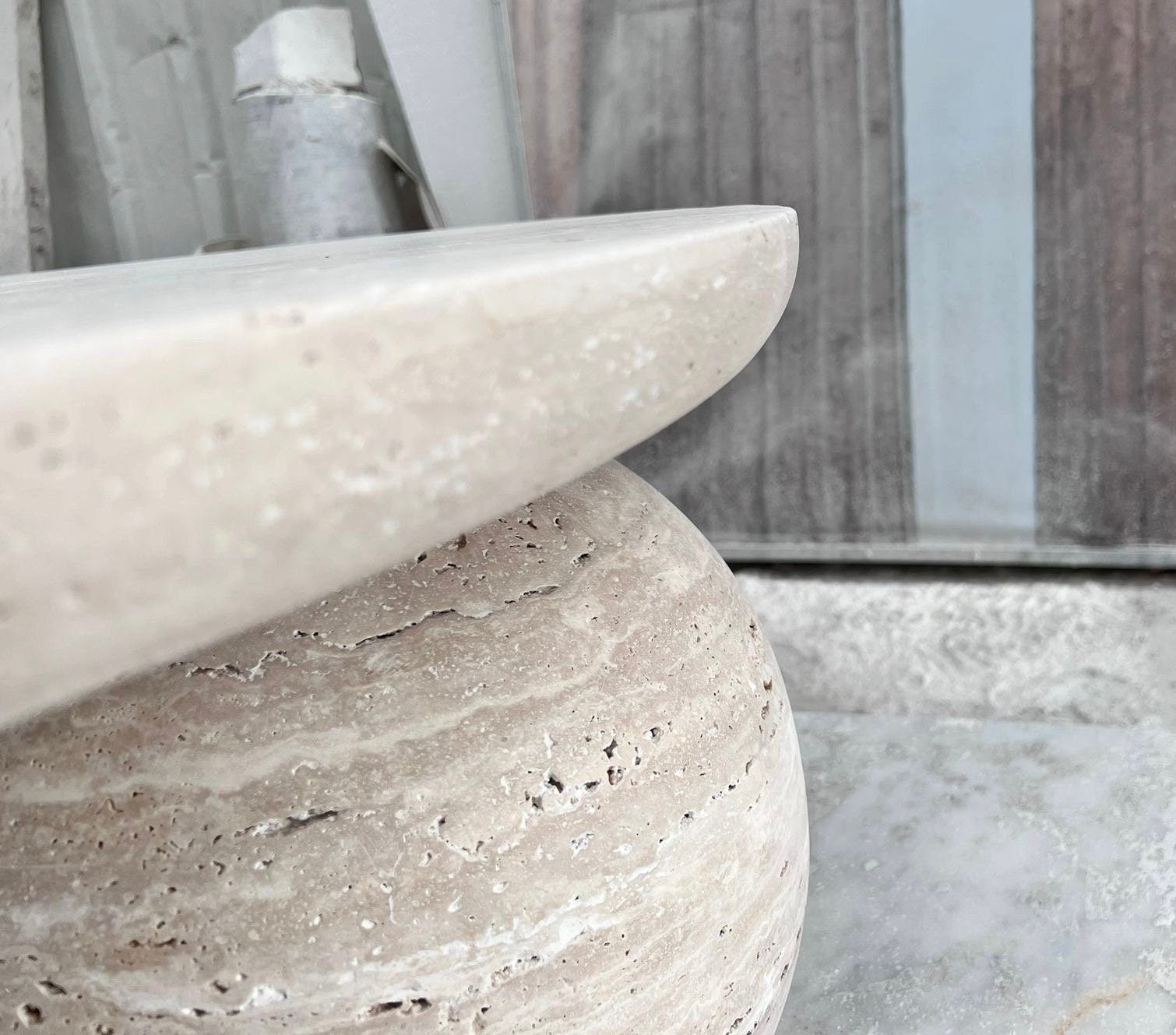 Round Travertine Coffee Table with Sphere Base