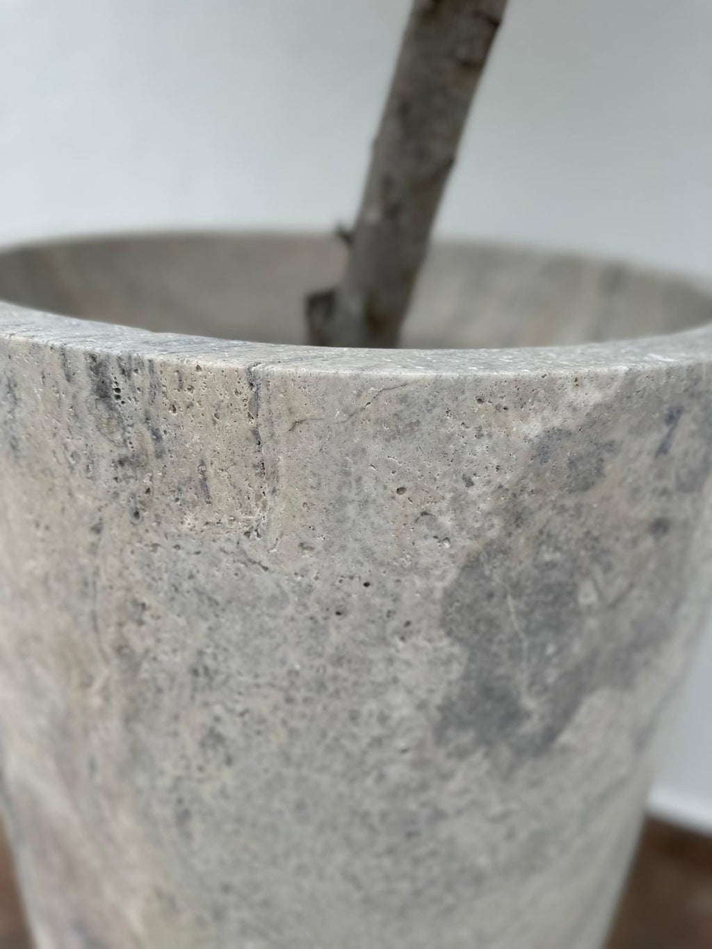 Handmade Silver Travertine Marble Planter: XLarge Cylinder Vase - Luxury Garden Decor