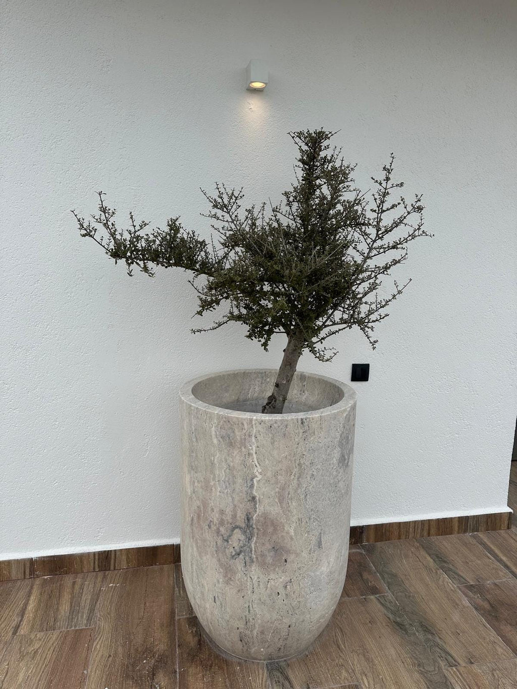 Handmade Silver Travertine Marble Planter: XLarge Cylinder Vase - Luxury Garden Decor