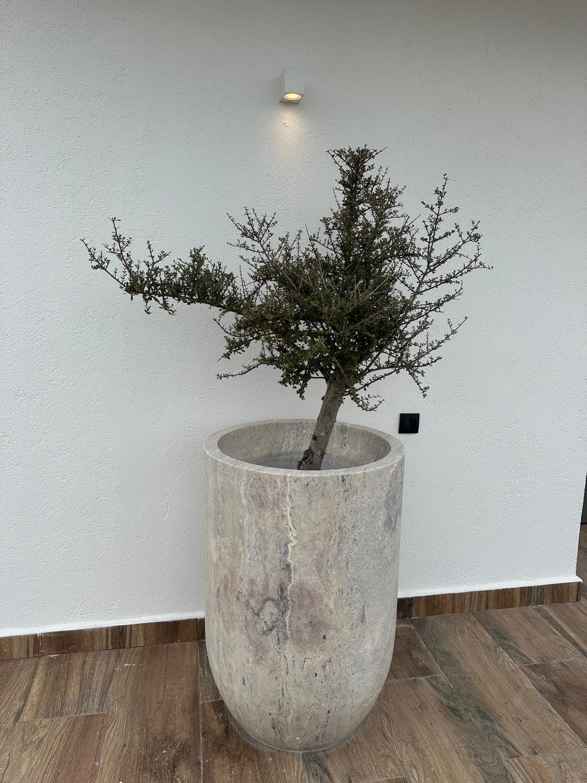 Handmade Silver Travertine Marble Planter: XLarge Cylinder Vase - Luxury Garden Decor