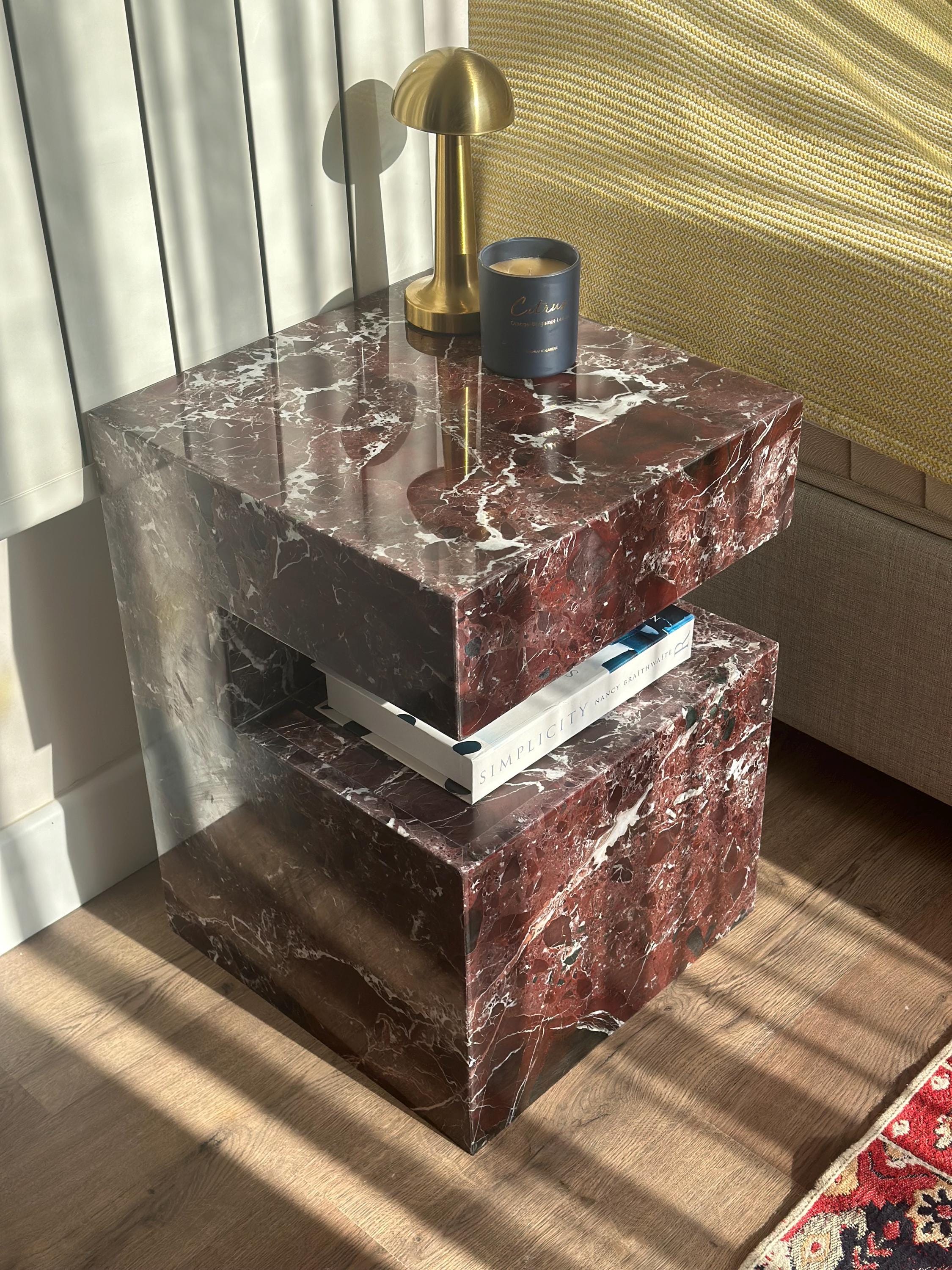 Rosso Levanto Marble Nightstand: Handmade Natural Stone Side Table