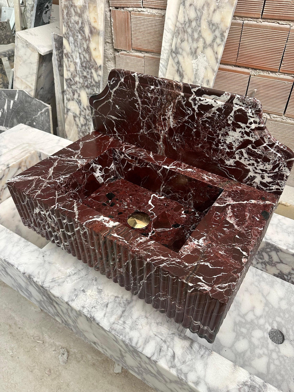 Rosso Levanto Marble Wall Mounted Sink: Powder Room Vanity, 16x24x6