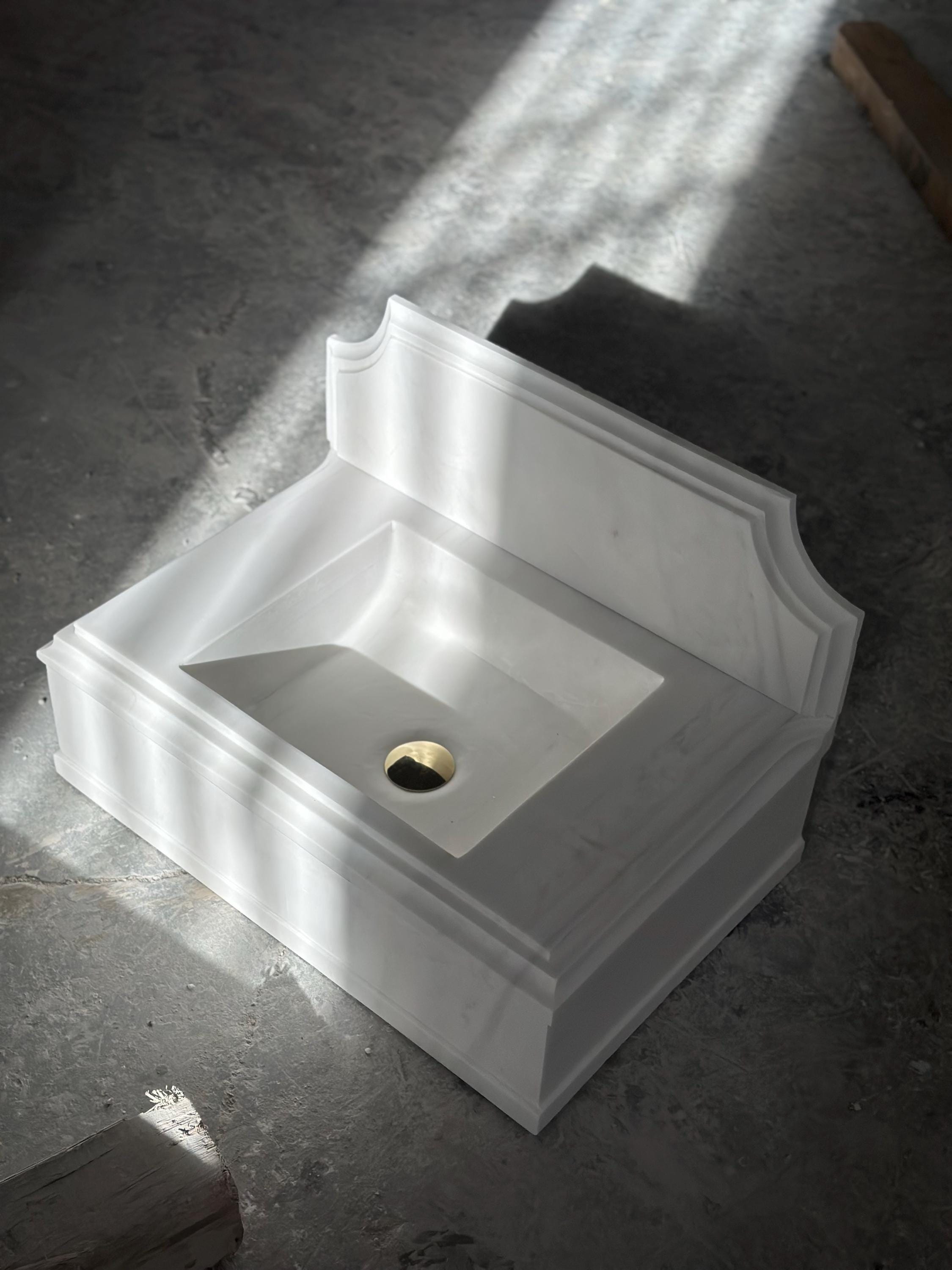Hand Carved White Marble Wall Mount Sink: 14”x24” Vanity Washbasin