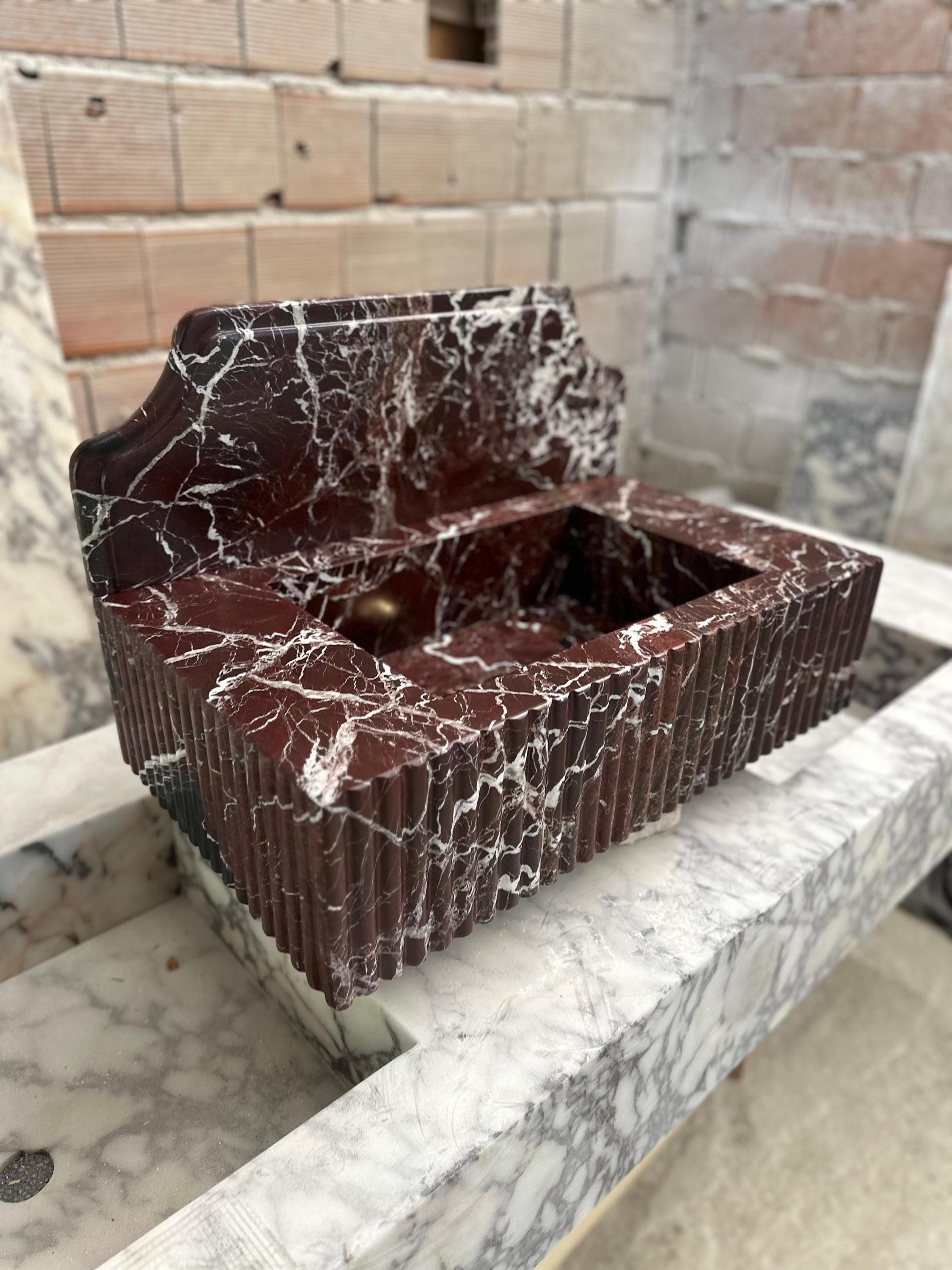 Rosso Levanto Marble Wall Mounted Sink: Powder Room Vanity, 16x24x6