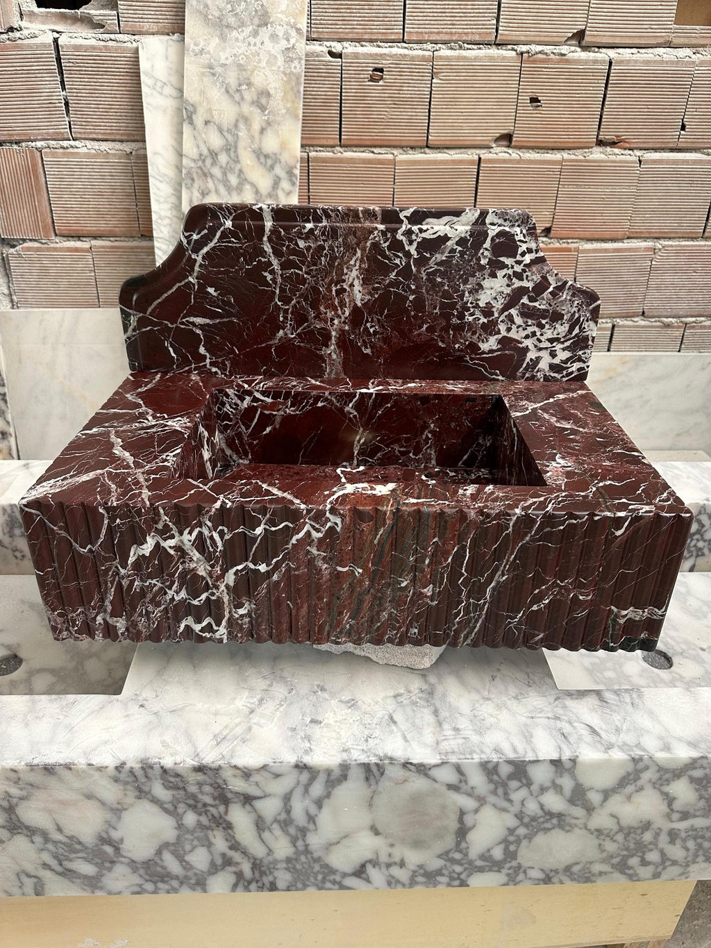 Rosso Levanto Marble Wall Mounted Sink: Powder Room Vanity, 16x24x6