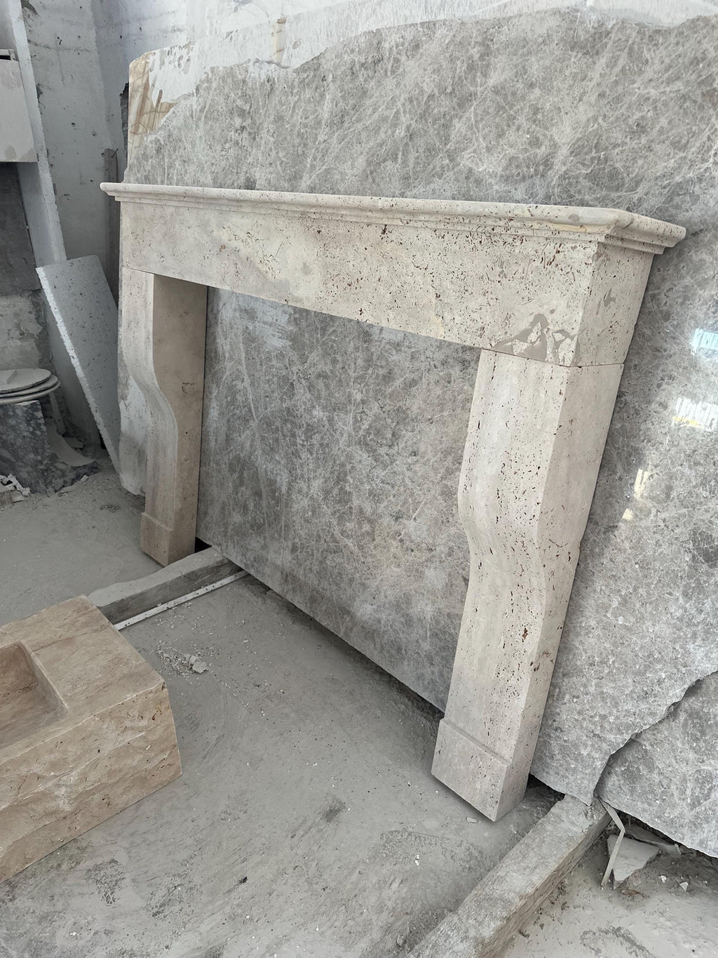 Handmade Travertine Fireplace Mantel: Custom Carved Marble Surround