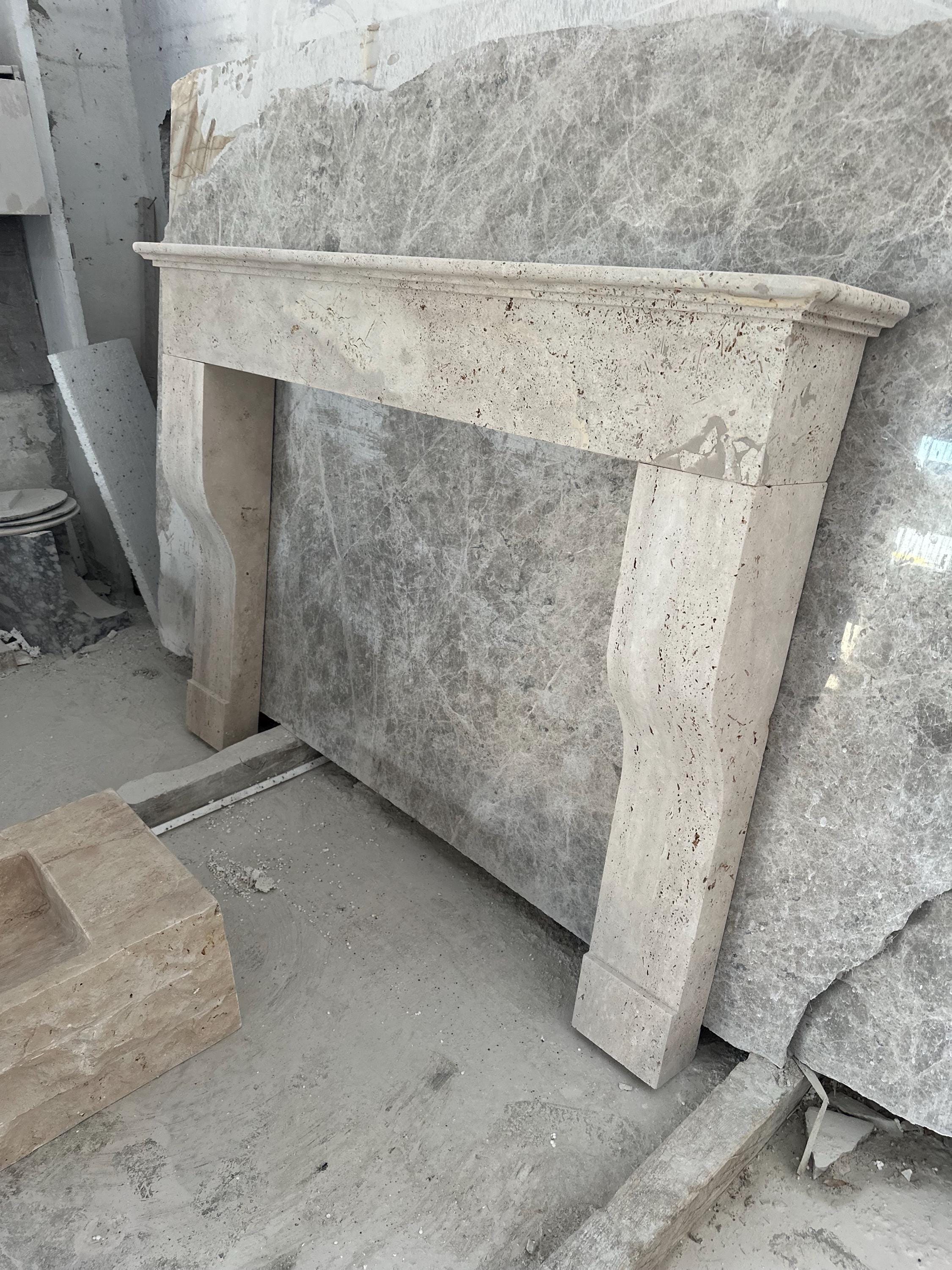 Handmade Travertine Fireplace Mantel: Custom Carved Marble Surround