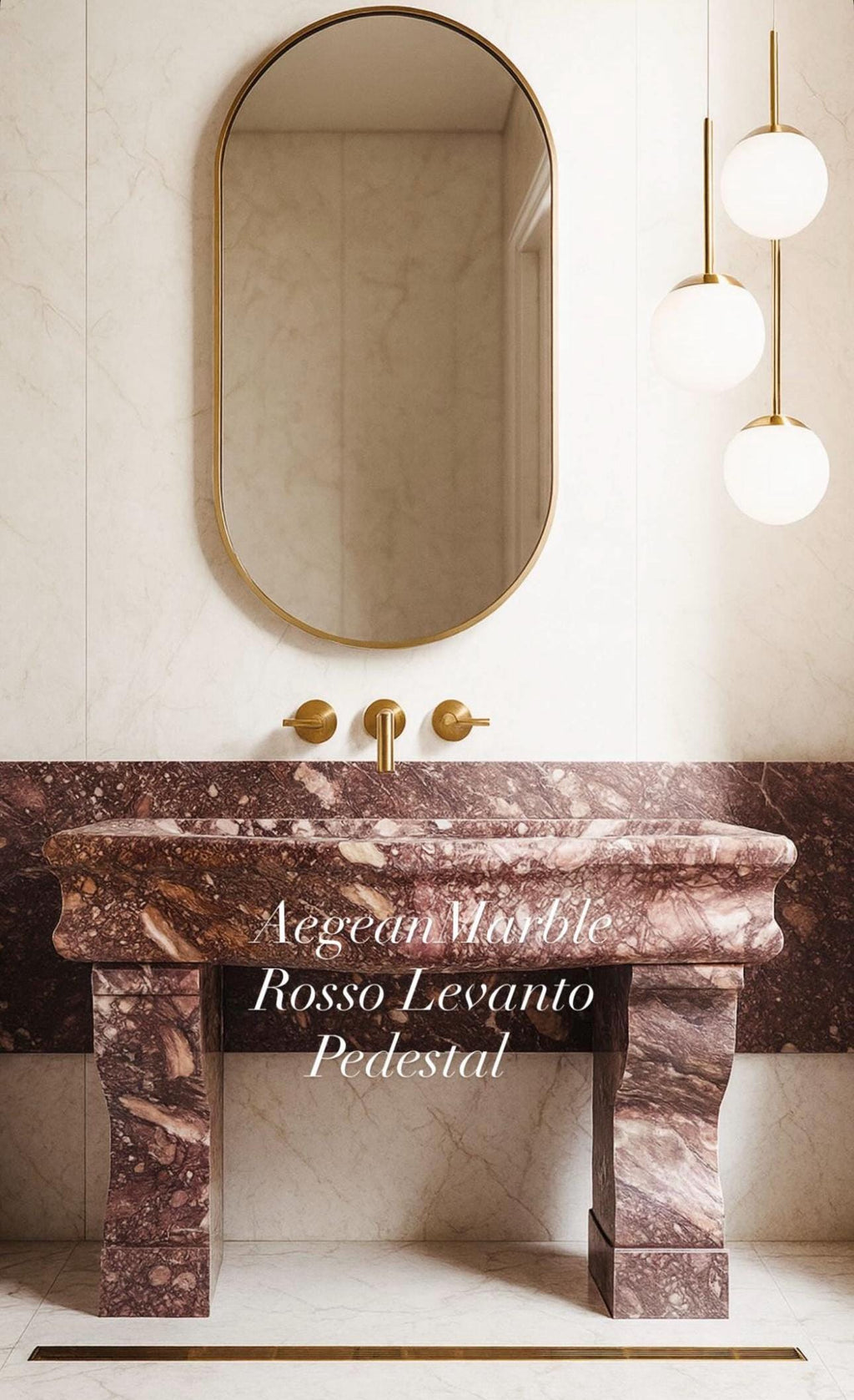 Hand Carved Rosso Levanto Marble Pedestal Sink - Farmhouse Powder Room