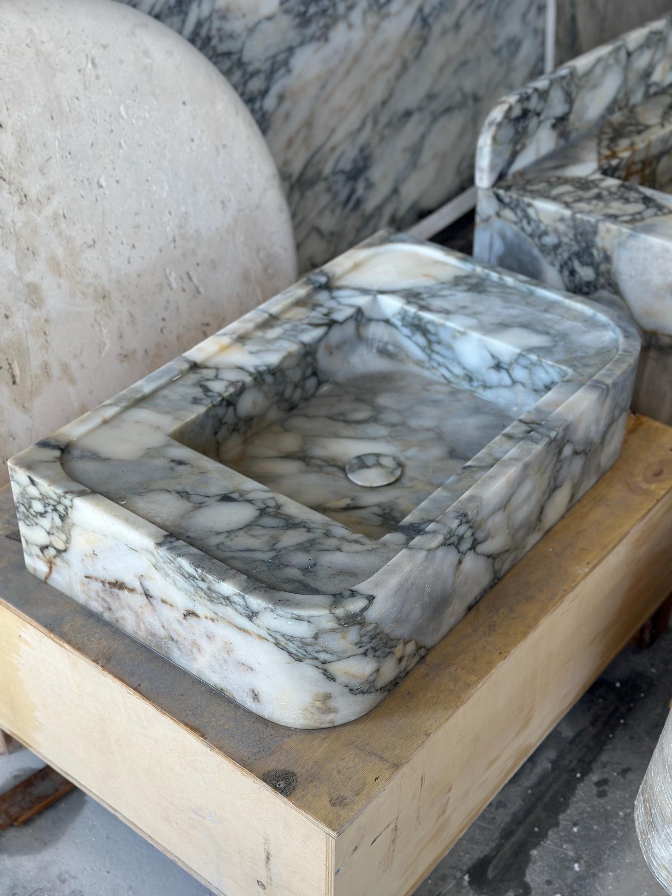 Handmade Calacatta Monet Marble Sink – Classic Carved Bathroom Basin – Customizable Natural Stone Vanity Vessel