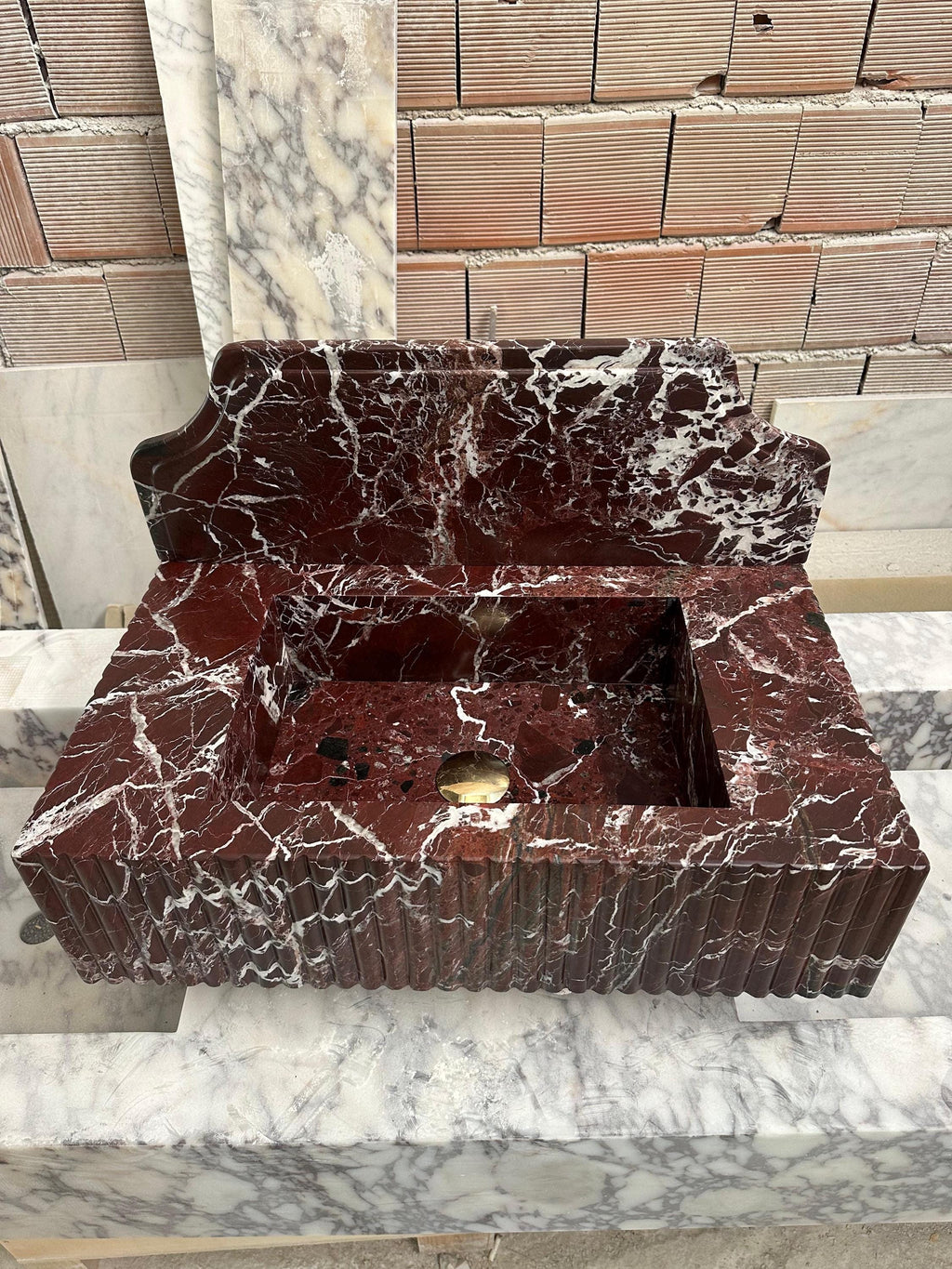 Rosso Levanto Marble Wall Mounted Sink: Powder Room Vanity, 16x24x6