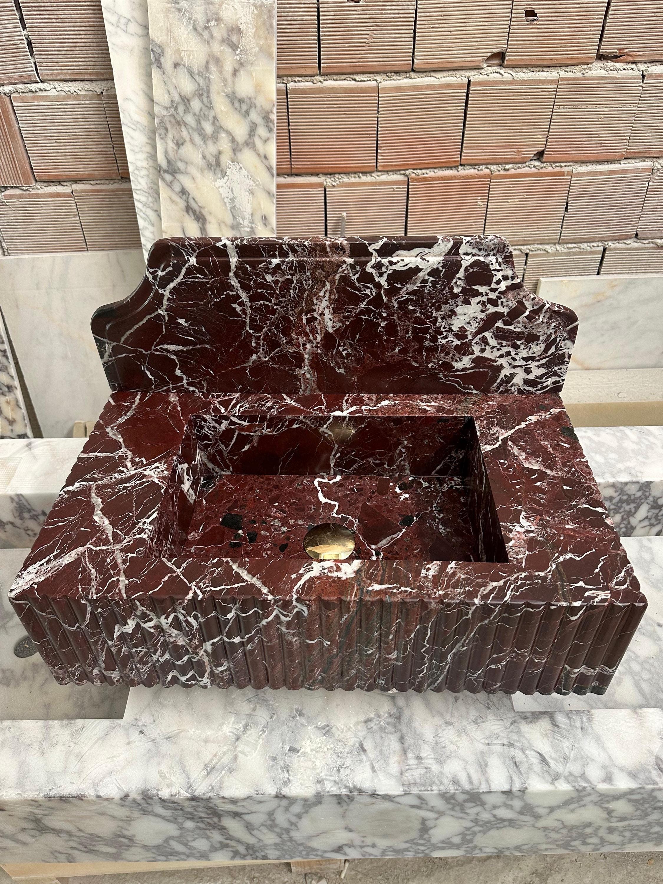 Rosso Levanto Marble Wall Mounted Sink: Powder Room Vanity, 16x24x6