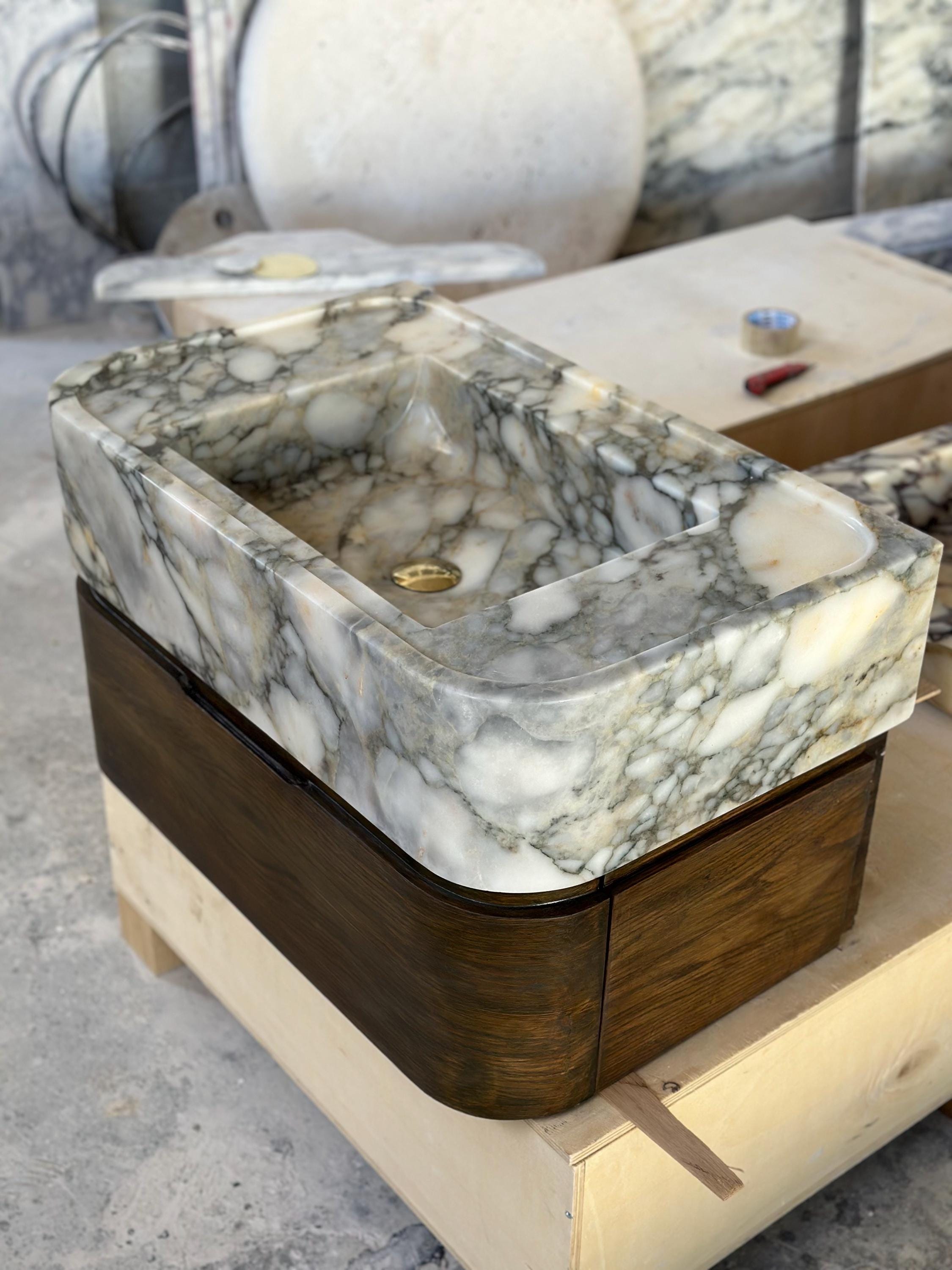Handmade Calacatta Monet Marble Sink – Classic Carved Bathroom Basin – Customizable Natural Stone Vanity Vessel