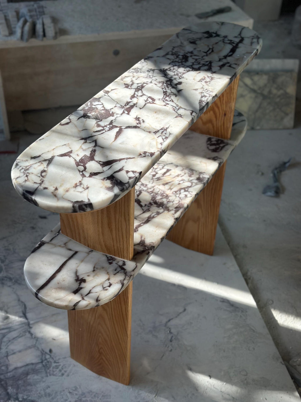 Handmade Calacatta Viola Marble & Oak Console Table - Modern Entryway Accent Shelf
