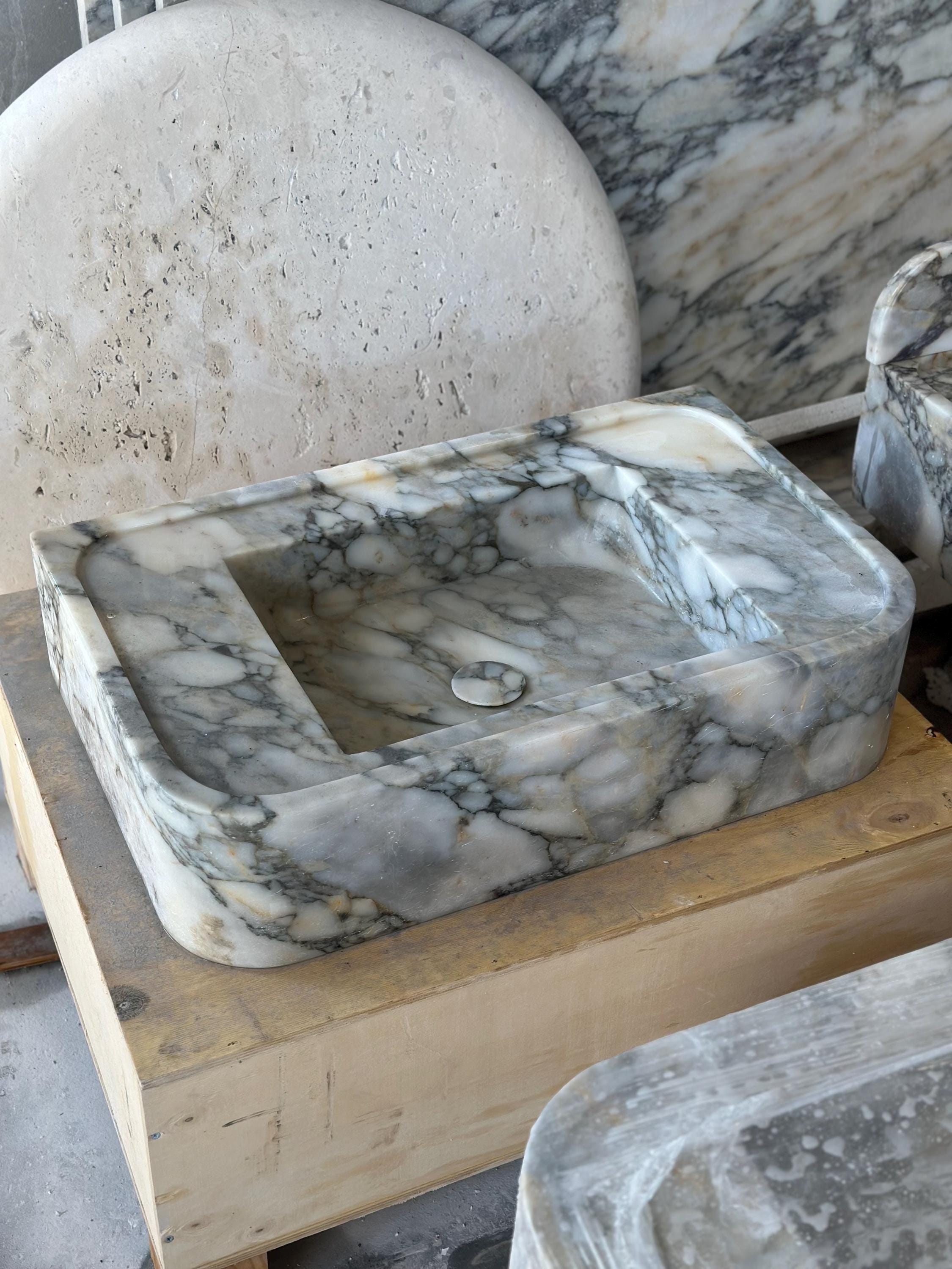 Handmade Calacatta Monet Marble Sink – Classic Carved Bathroom Basin – Customizable Natural Stone Vanity Vessel
