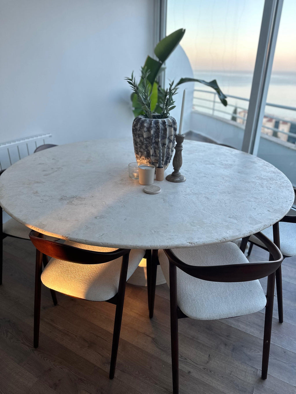 Travertine Marble Dining Table: Vein Cut with Hexagonal Base