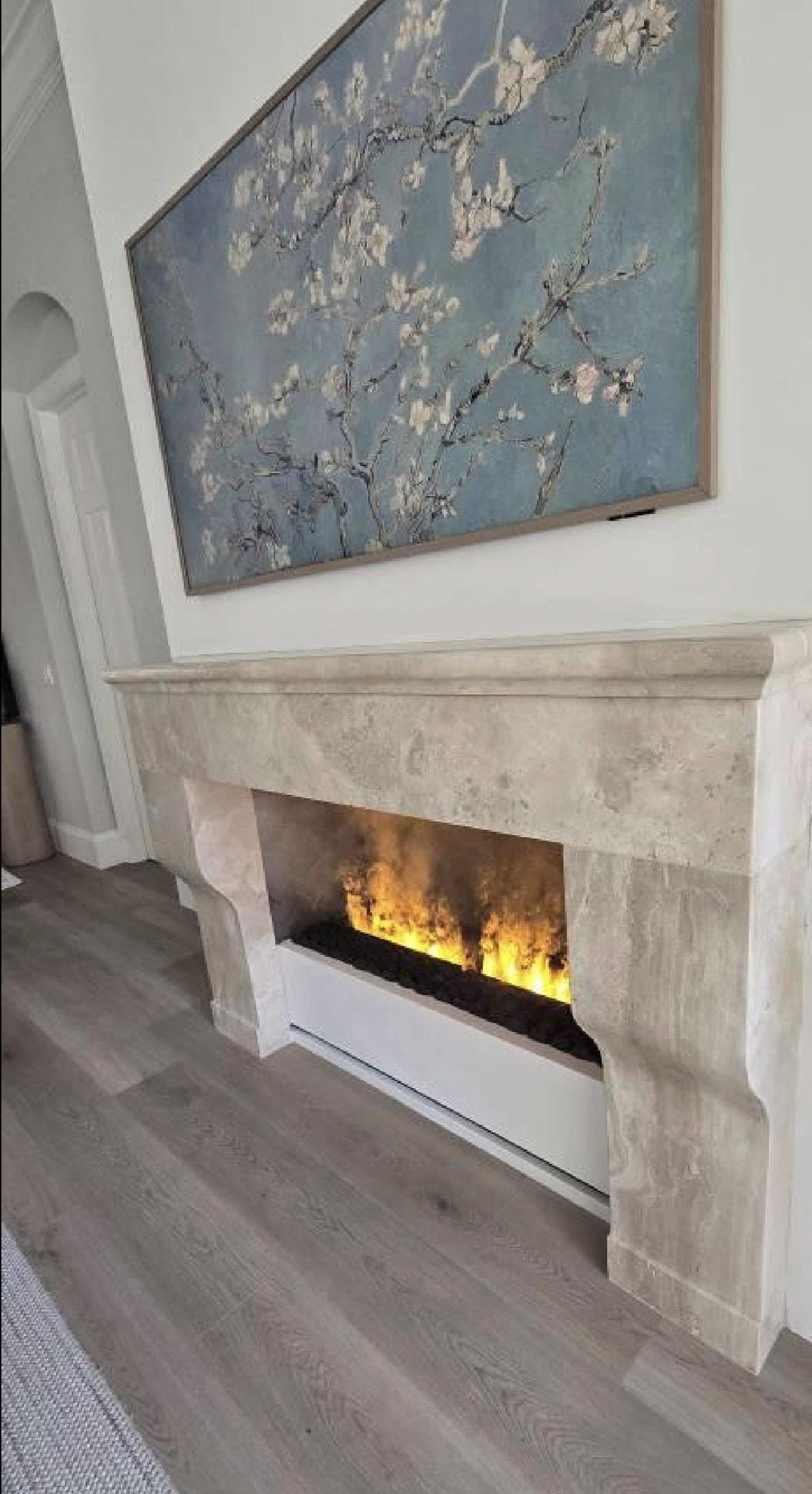Handmade Travertine Fireplace Mantel: Custom Carved Marble Surround